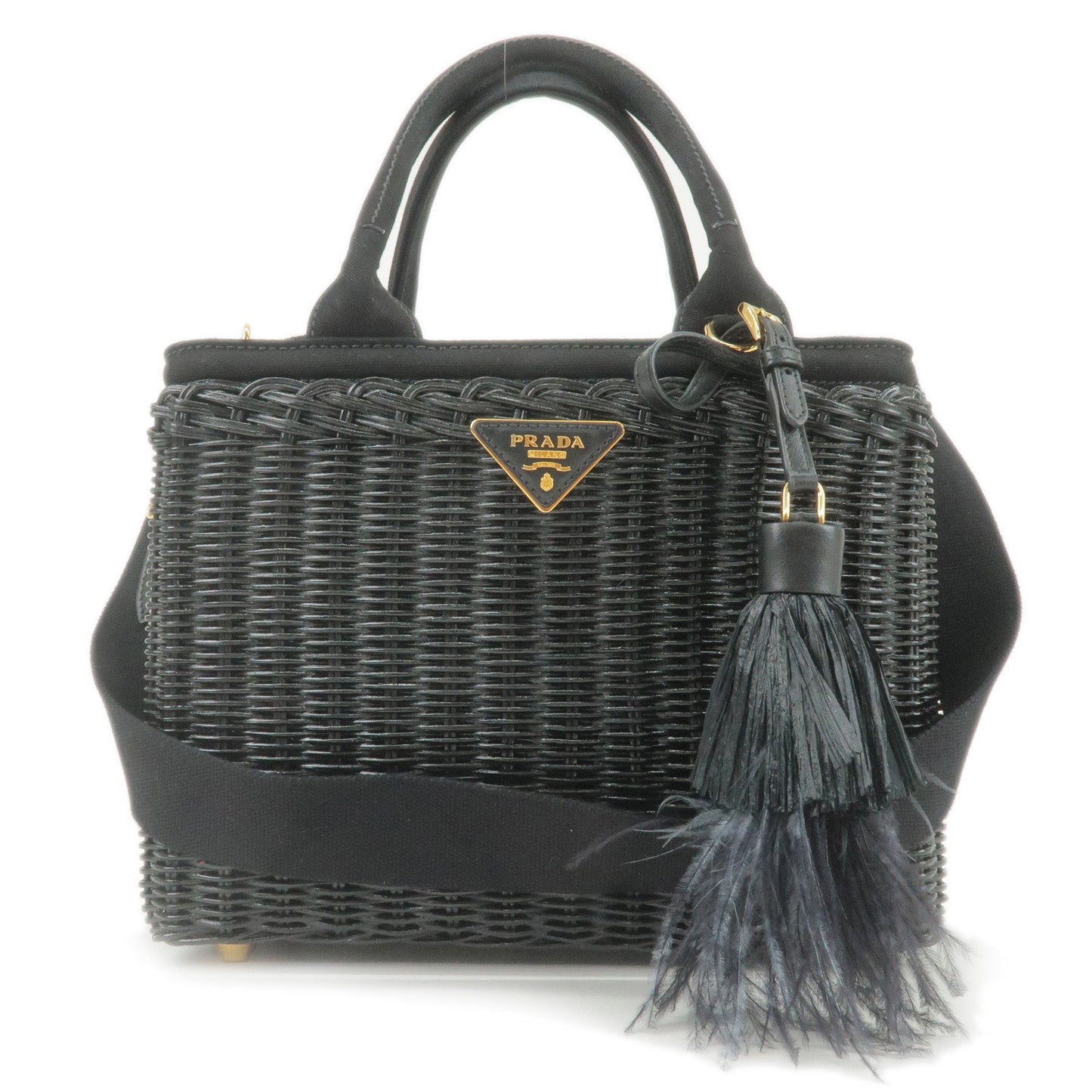 PRADA Wicker Canvas 2Way Basket Bag Hand Bag Black