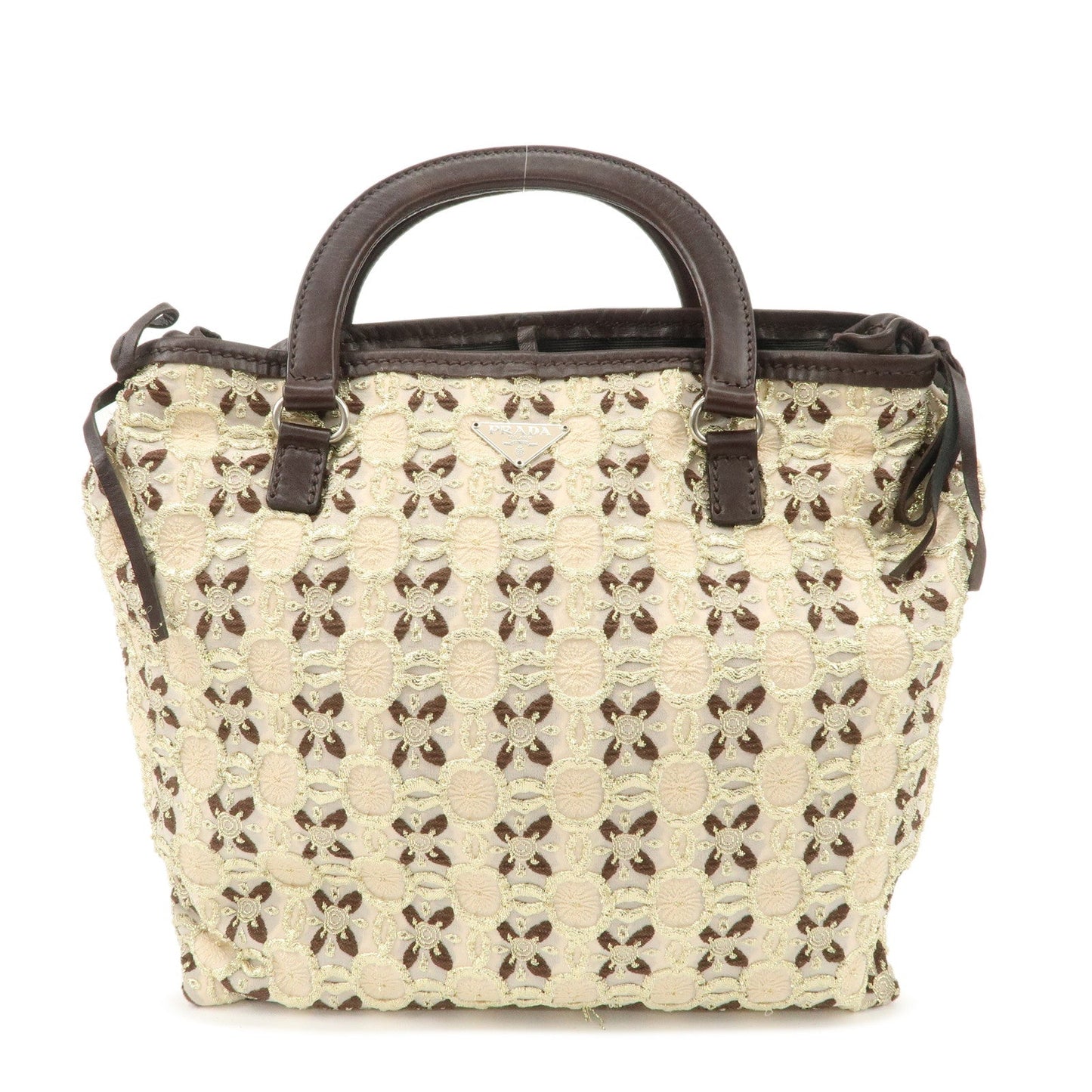 PRADA Tweed Flower Embroidery Tote Bag Beige Gold Dark Brown