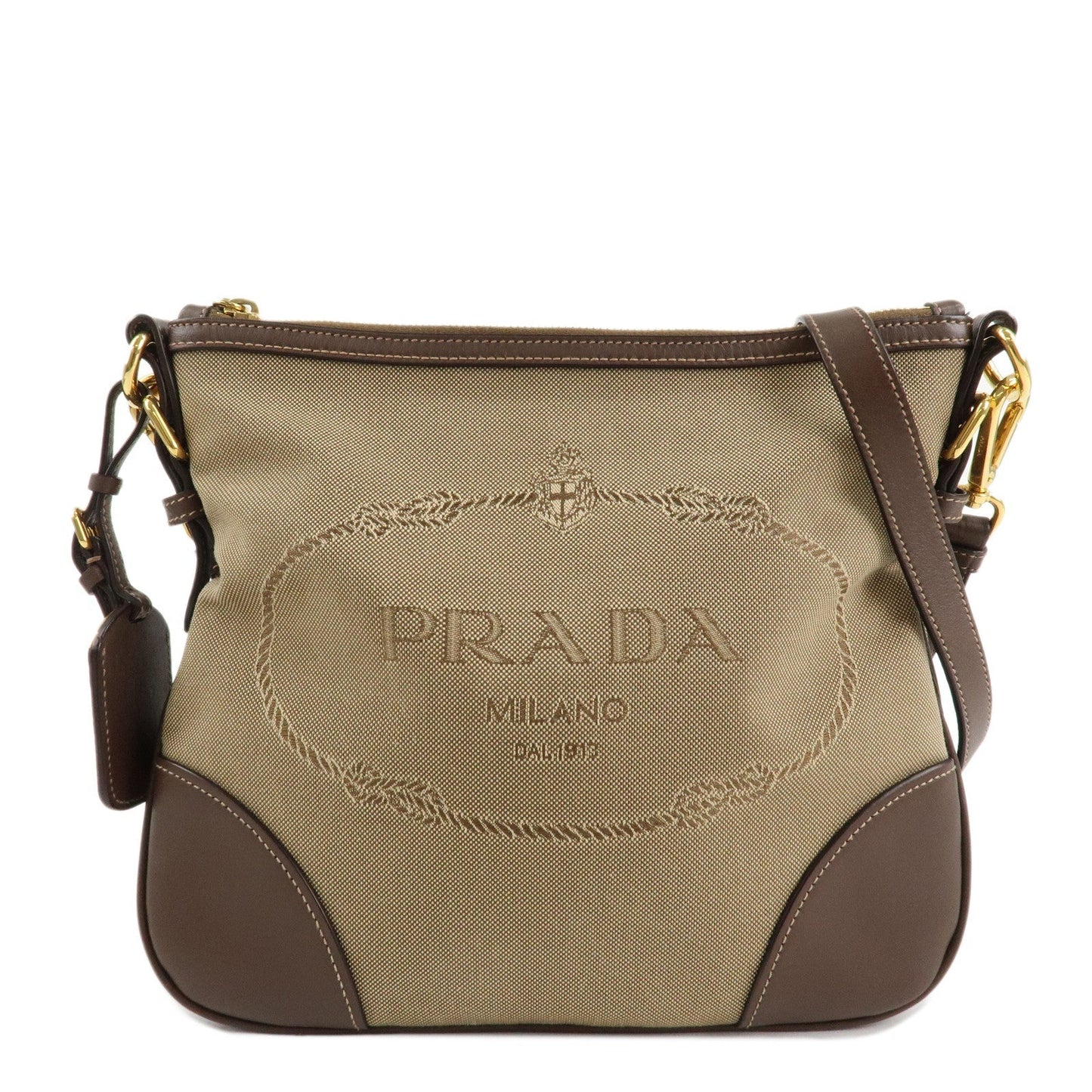 PRADA Jacquard Leather Shoulder Bag Purse Beige Brown BT867A