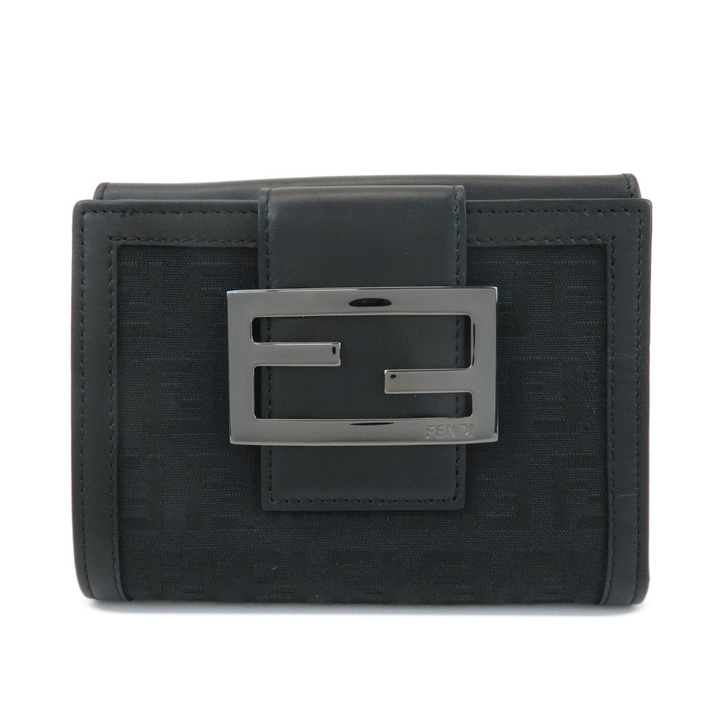 FENDI Zucchino Canvas Leather Double Hook Wallet Black 8M0035