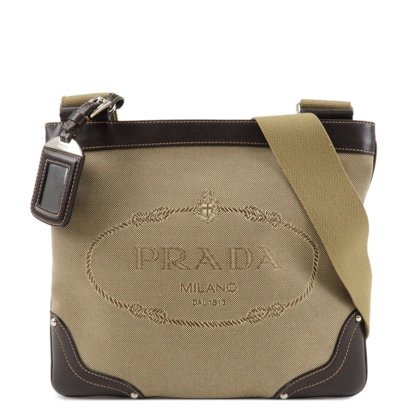PRADA Logo Jacquard Leather Shoulder Bag Beige Dark Brown M506A