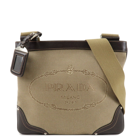 PRADA Logo Jacquard Leather Shoulder Bag Beige Dark Brown M506A