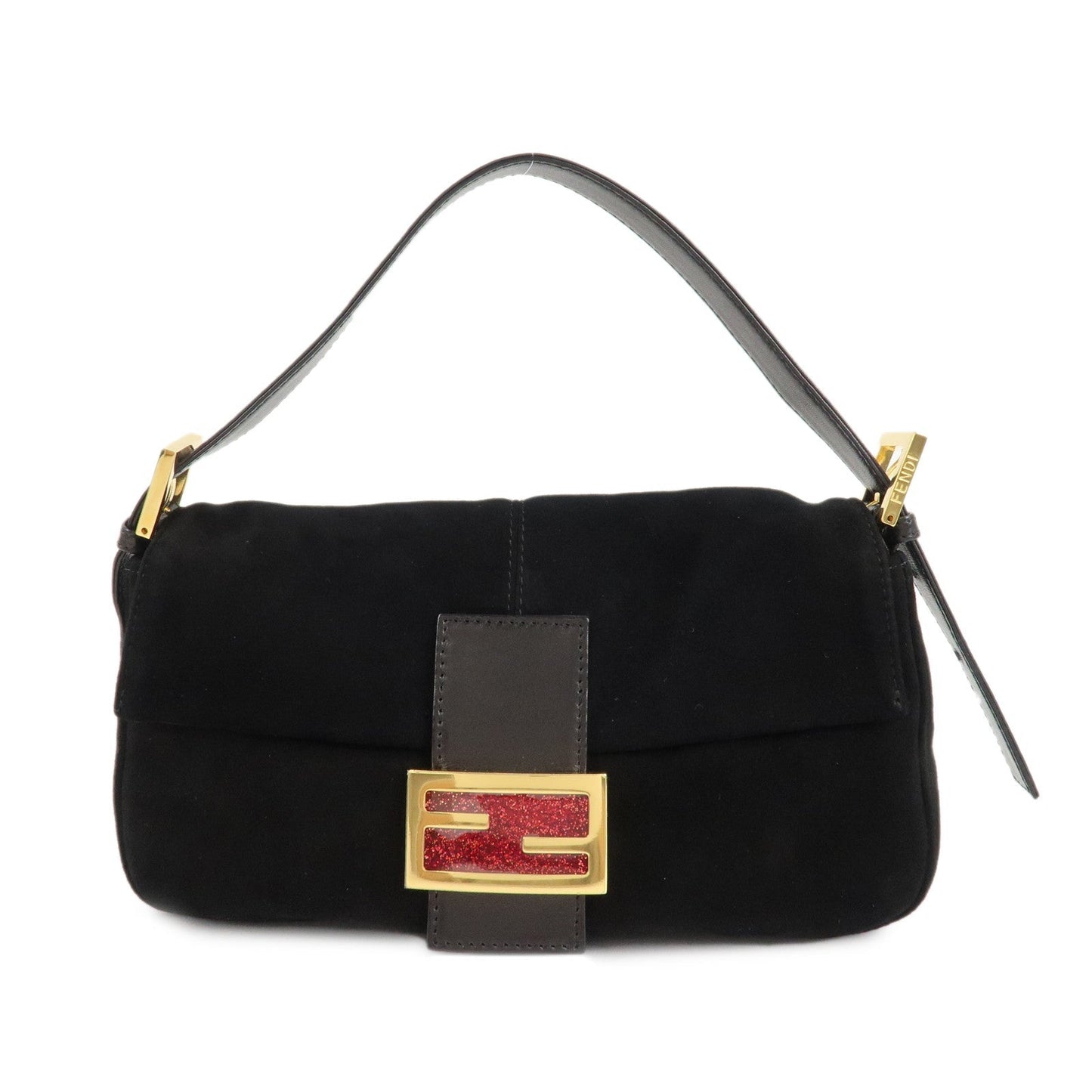 FENDI Mamma Baguette Suede Leather Shoulder Bag Black 26424