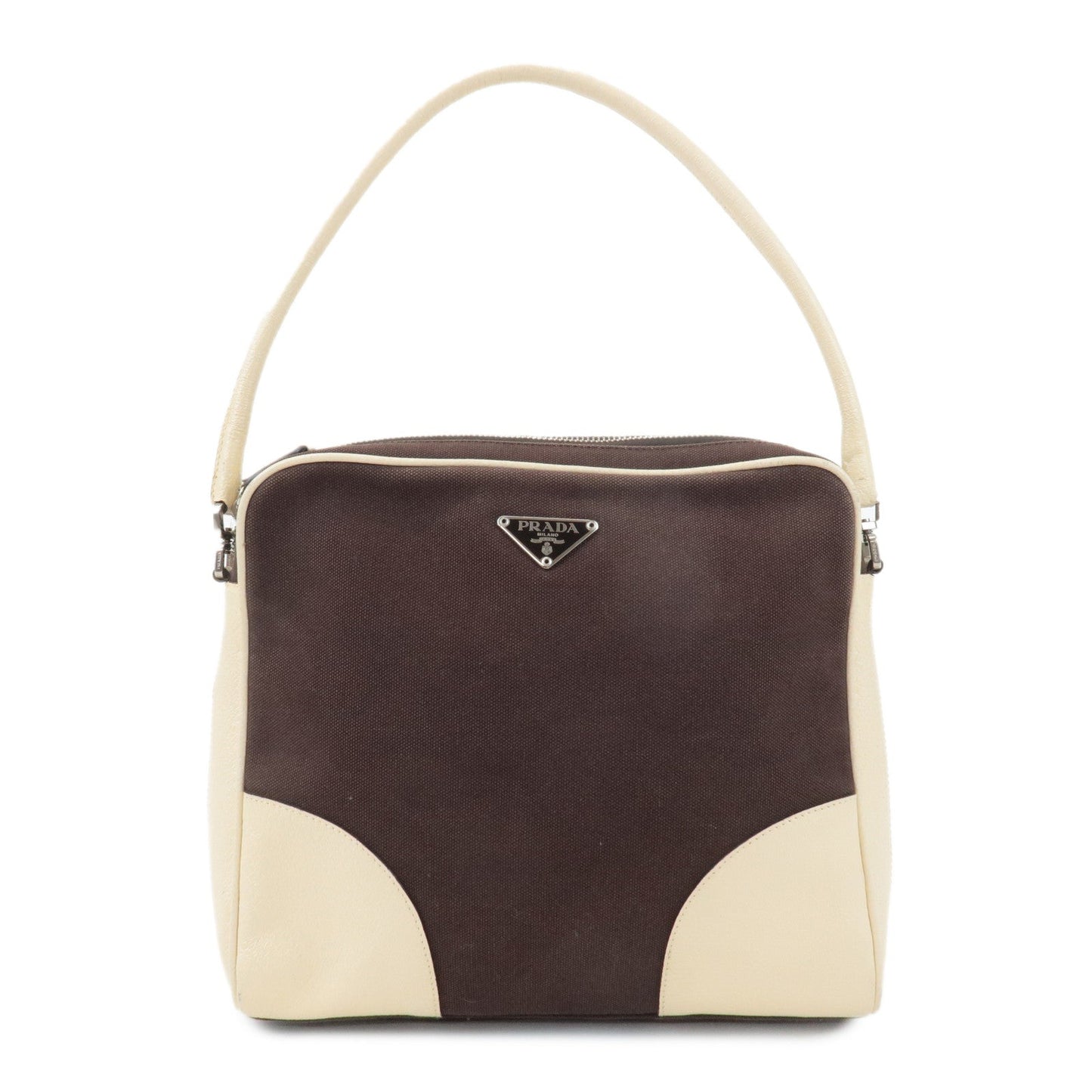 PRADA Triangle Logo Canvas Leather Shoulder Bag Brown Ivory