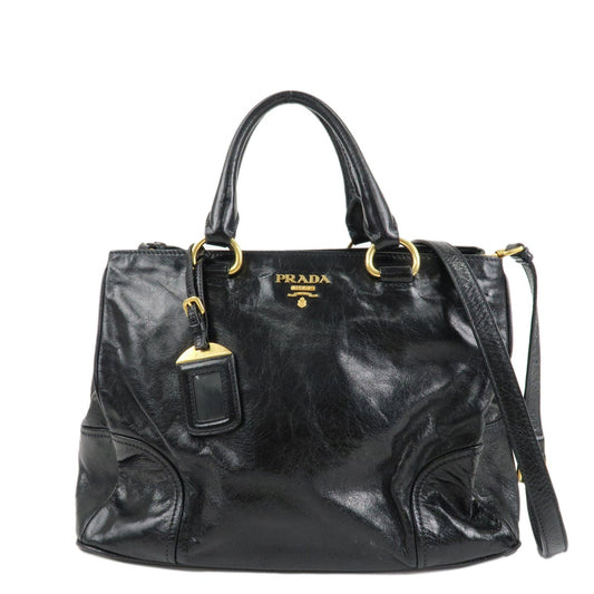 PRADA Leather 2way Bag Hand Bag Shoulder Bag Black Gold HDW