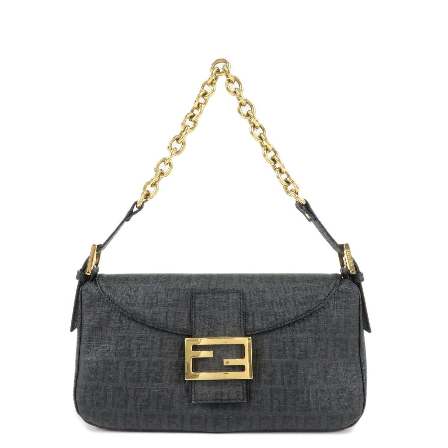 FENDI Zucchino PVC Leather Chain Shoulder Bag Gray Black 8BR003