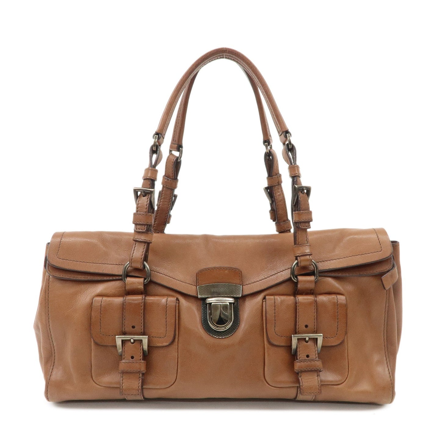 PRADA Logo Leather Shoulder Bag Hand Bag Brown Silver Hardware