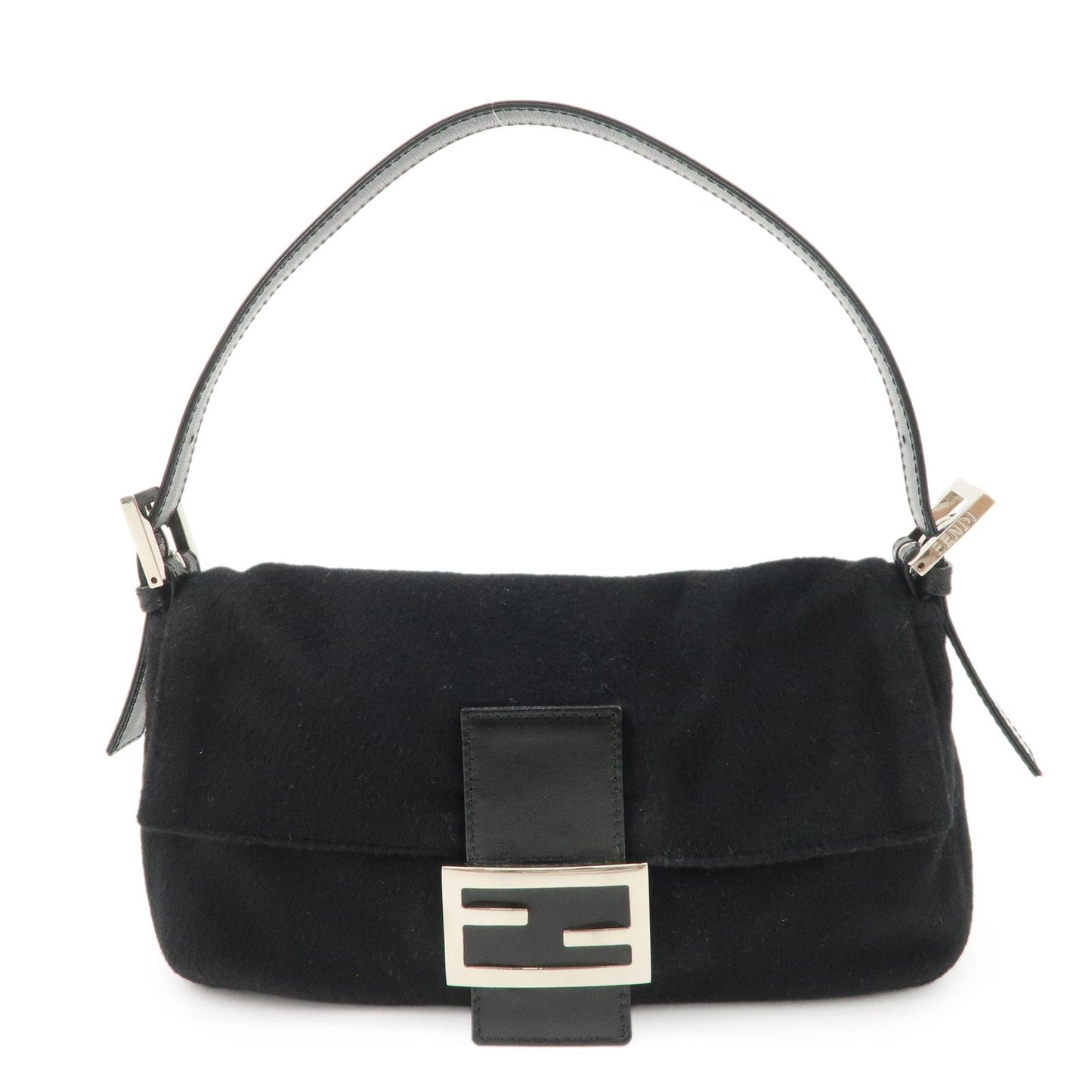 FENDI Mamma Baguette Cashmere Leather Shoulder Bag Black 26424