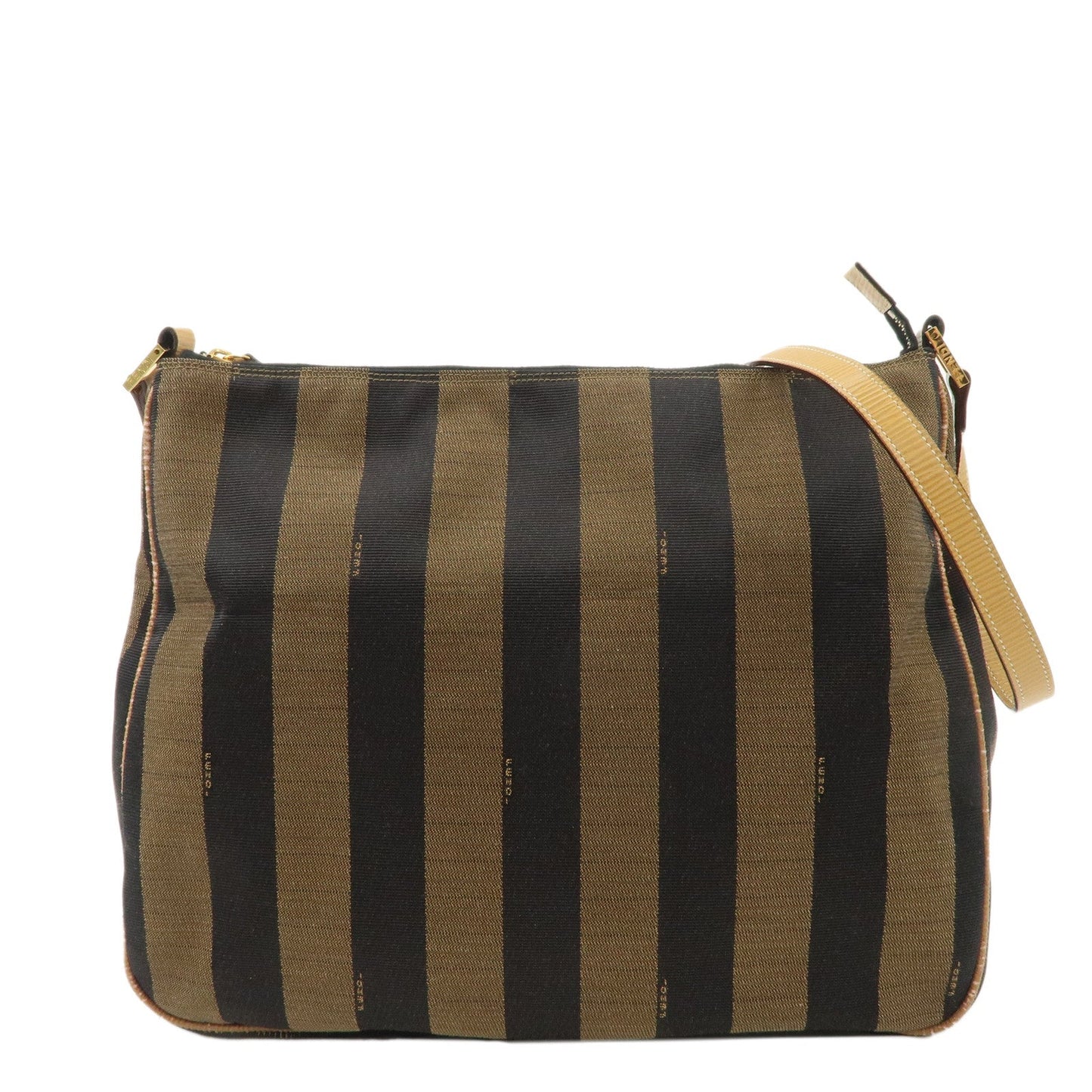 FENDI Pequin Canvas Leather Shoulder Bag Brown Black