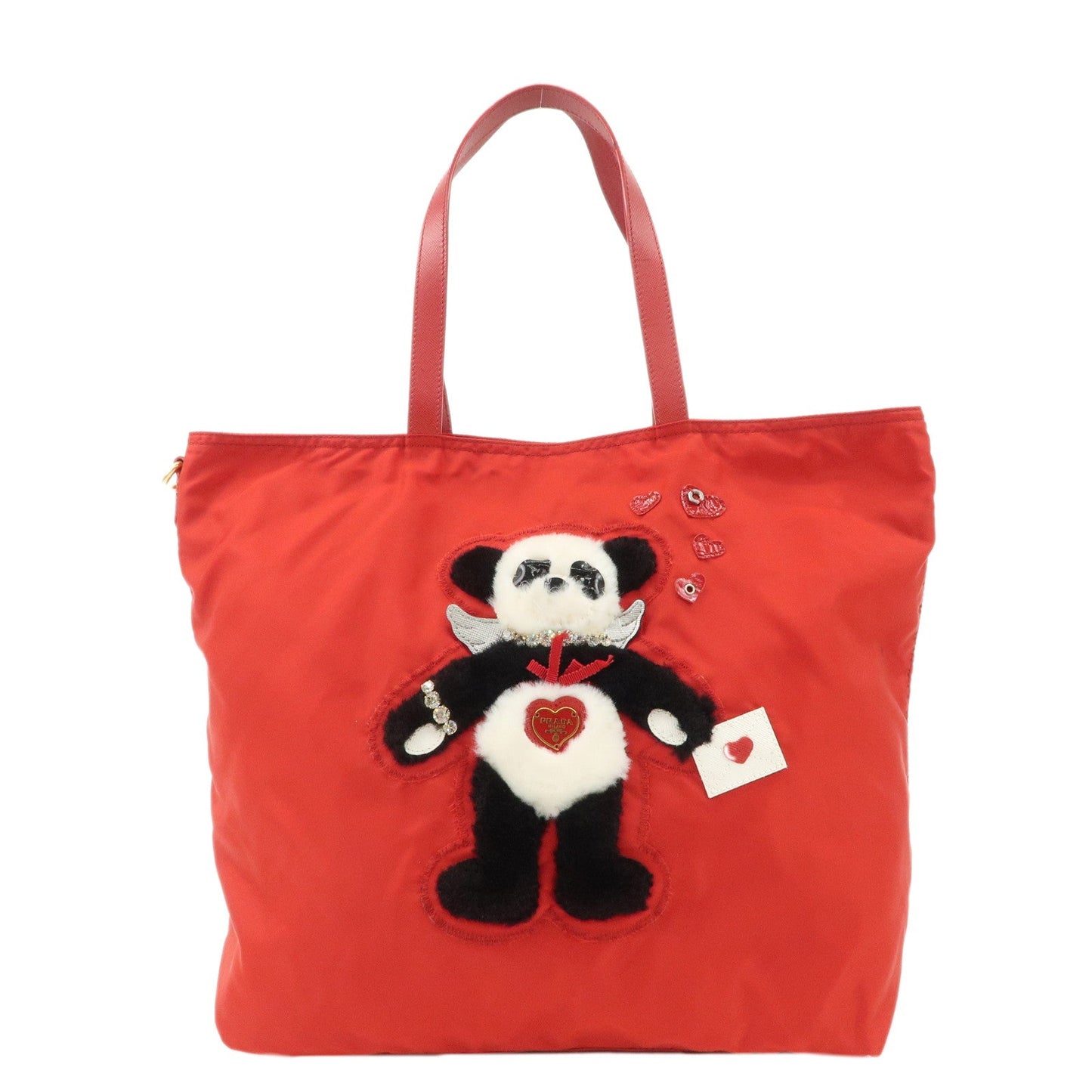 AuthenticPRADA Nylon Leaather Panda Tote Bag Shoudler Bag Red BR4249