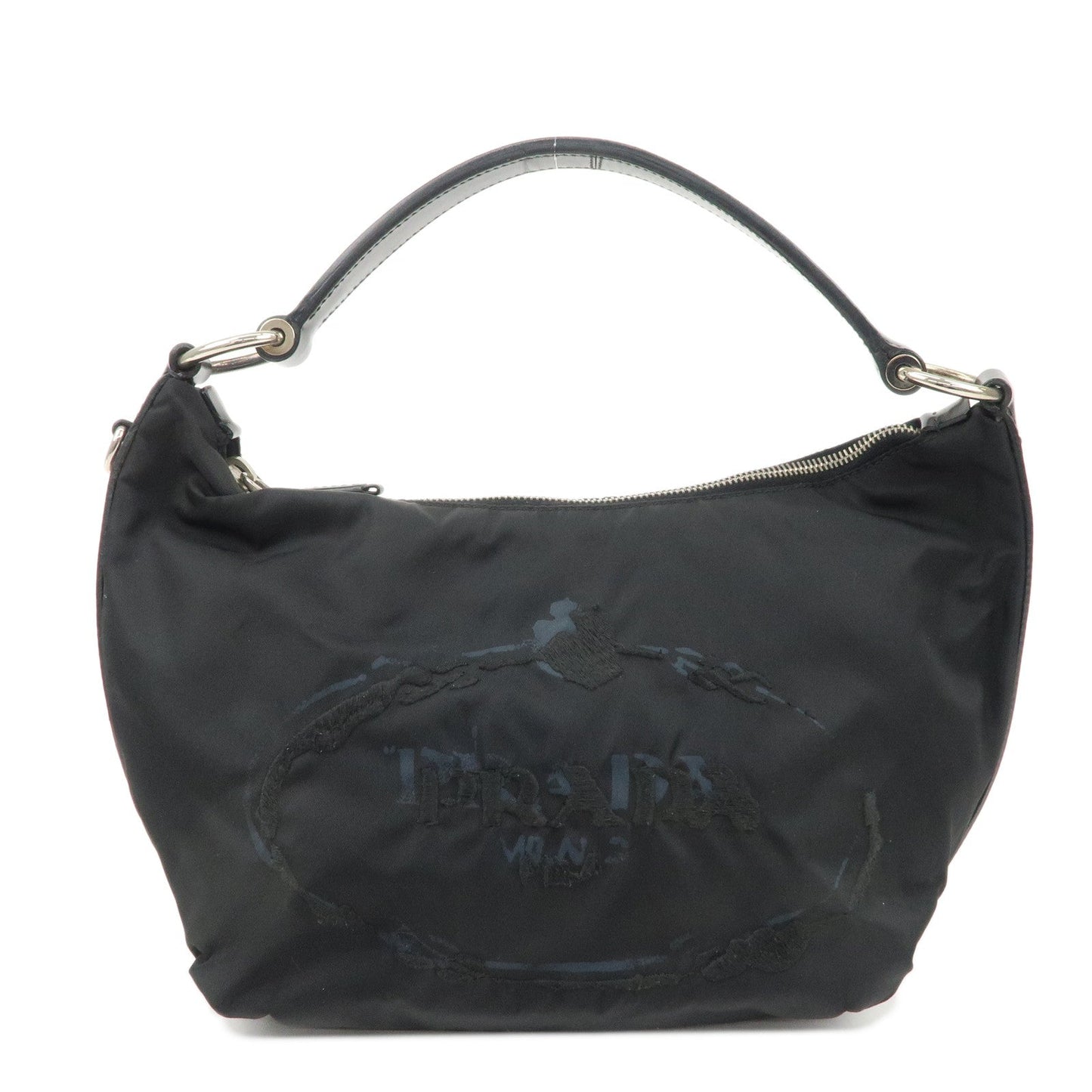 PRADA Nylon Leather Embroidery Shoulder Bag Hand Bag Black