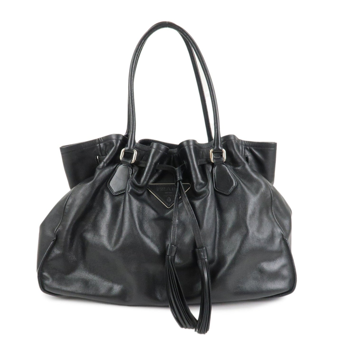 PRADA Triangle Logo Leather Tote Bag Black
