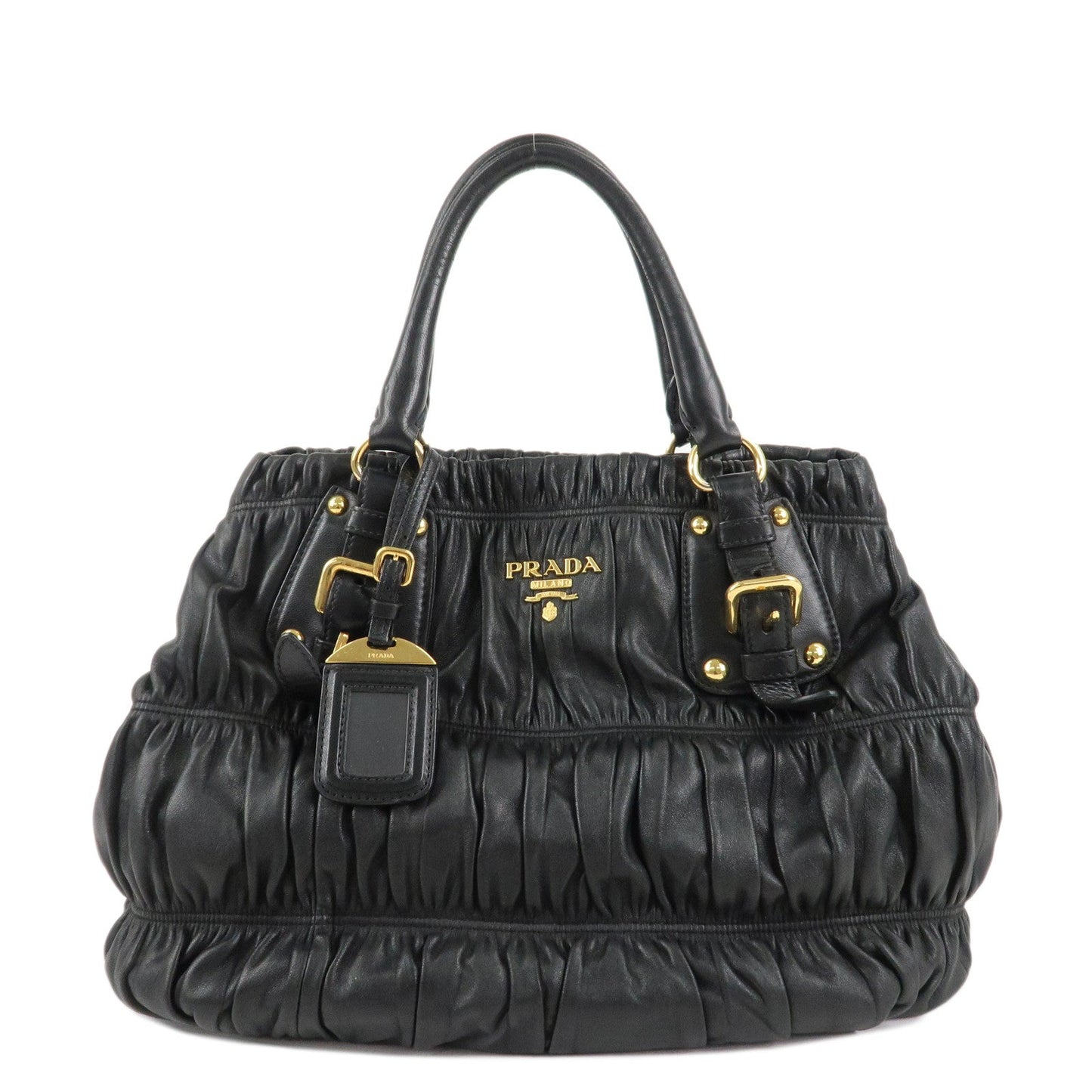 PRADA Leather 2Way Bag Hand Bag Shoulder Bag Black Gold HDW