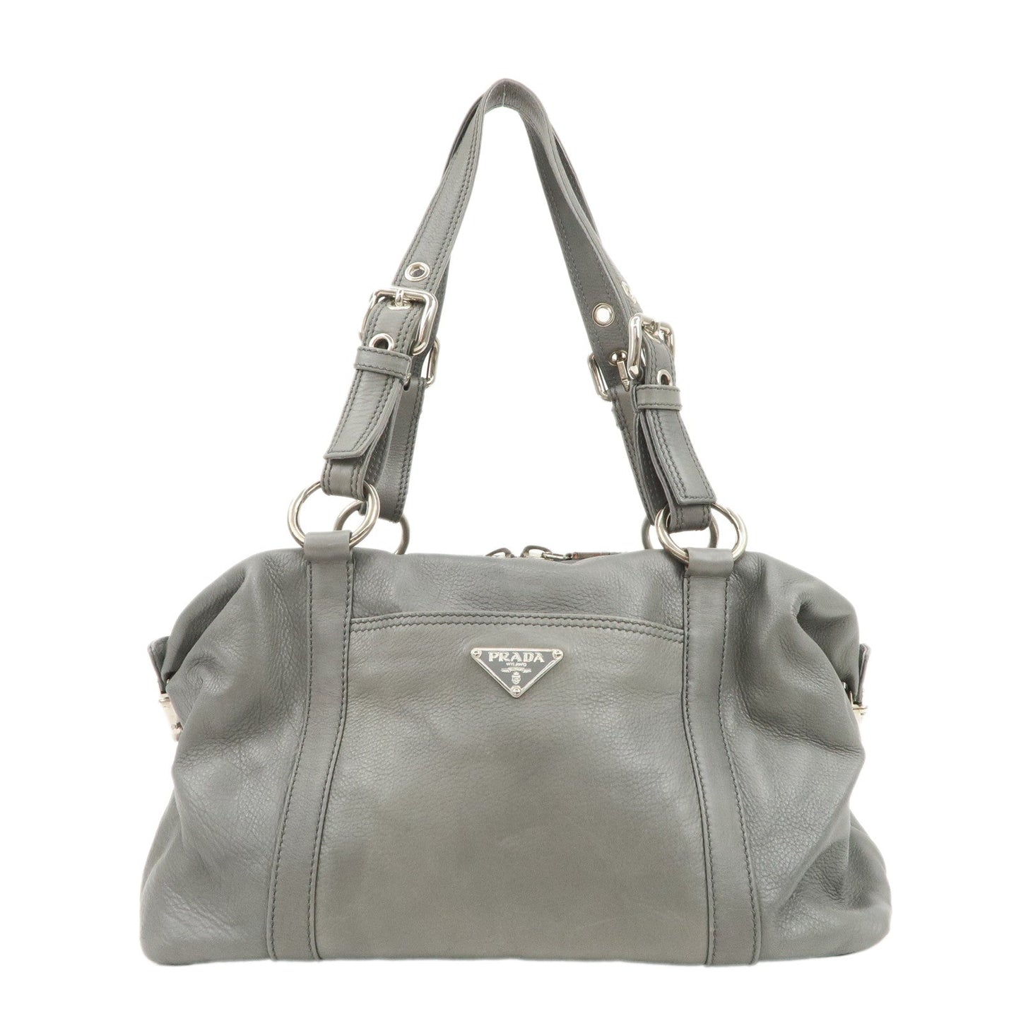 PRADA Leather Boston Bag Shoulder Bag Gray Silver Hardware