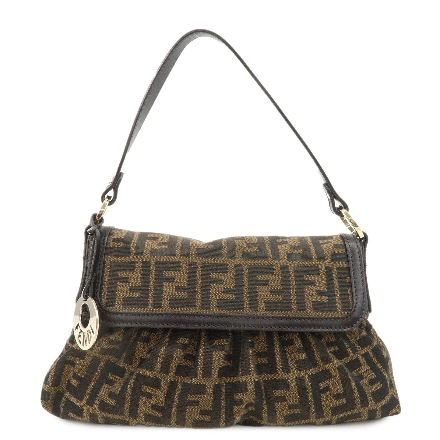 FENDI Zucca Canvas Leather Shoulder Bag Beige Brown 8BR445