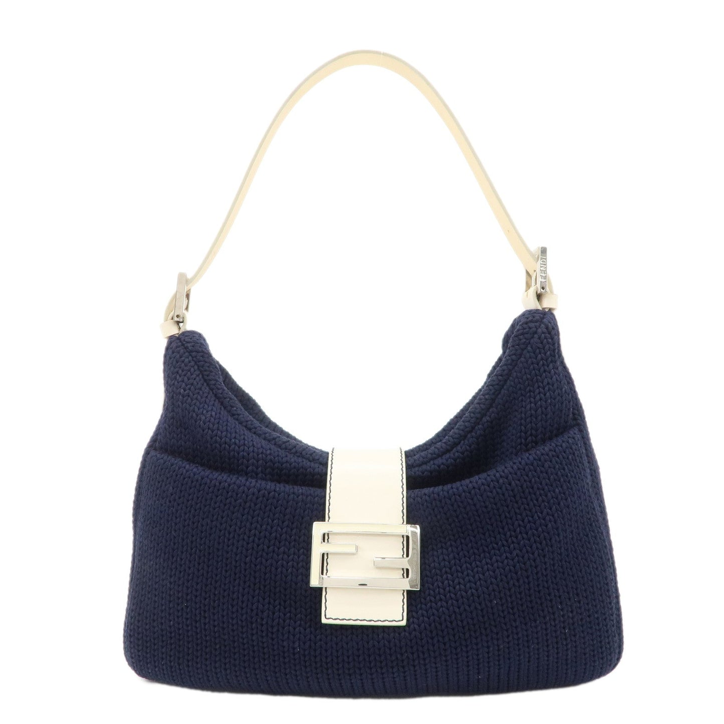 FENDI Wool Leather Shoulder Bag Navy White 26569