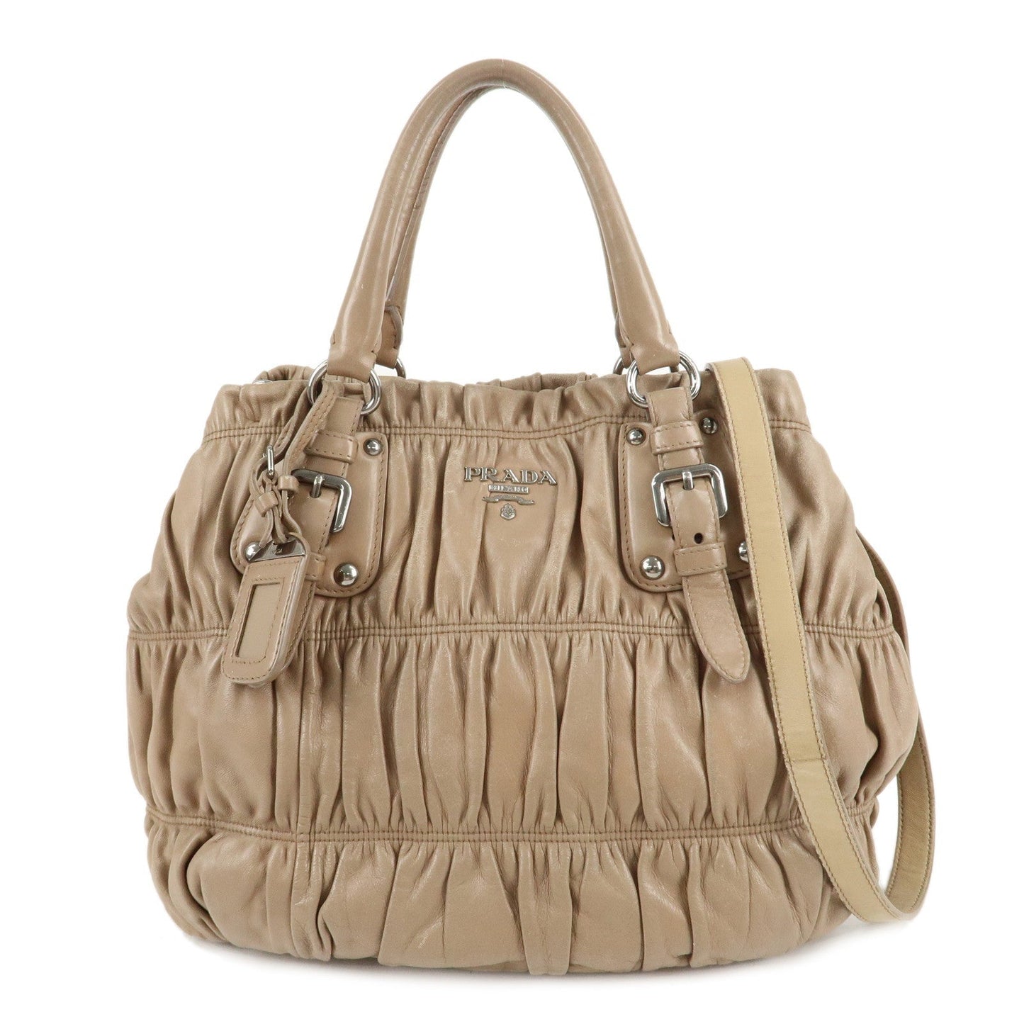 PRADA Leather 2Way Hand Bag Shoulder Bag Beige N1788