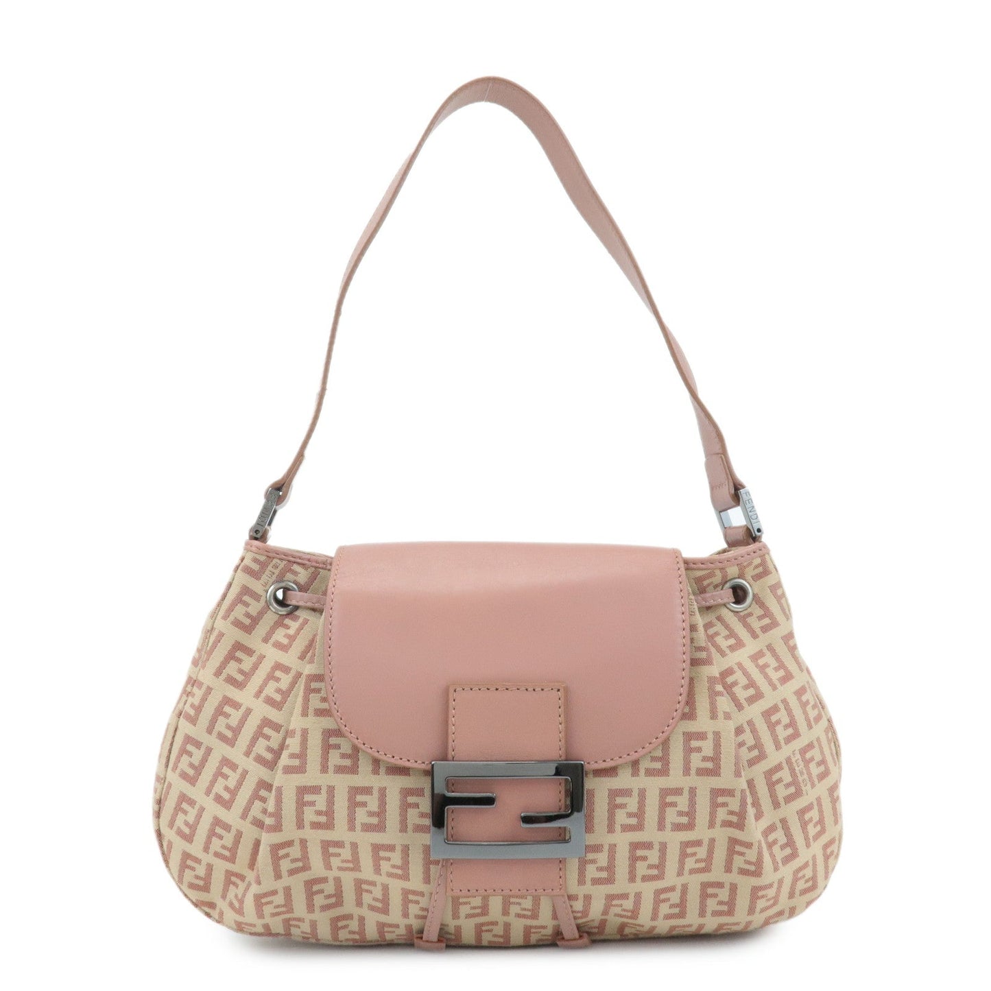FENDI Zucchino Canvas Leather Shoulder Bag Beige Pink 8BR282