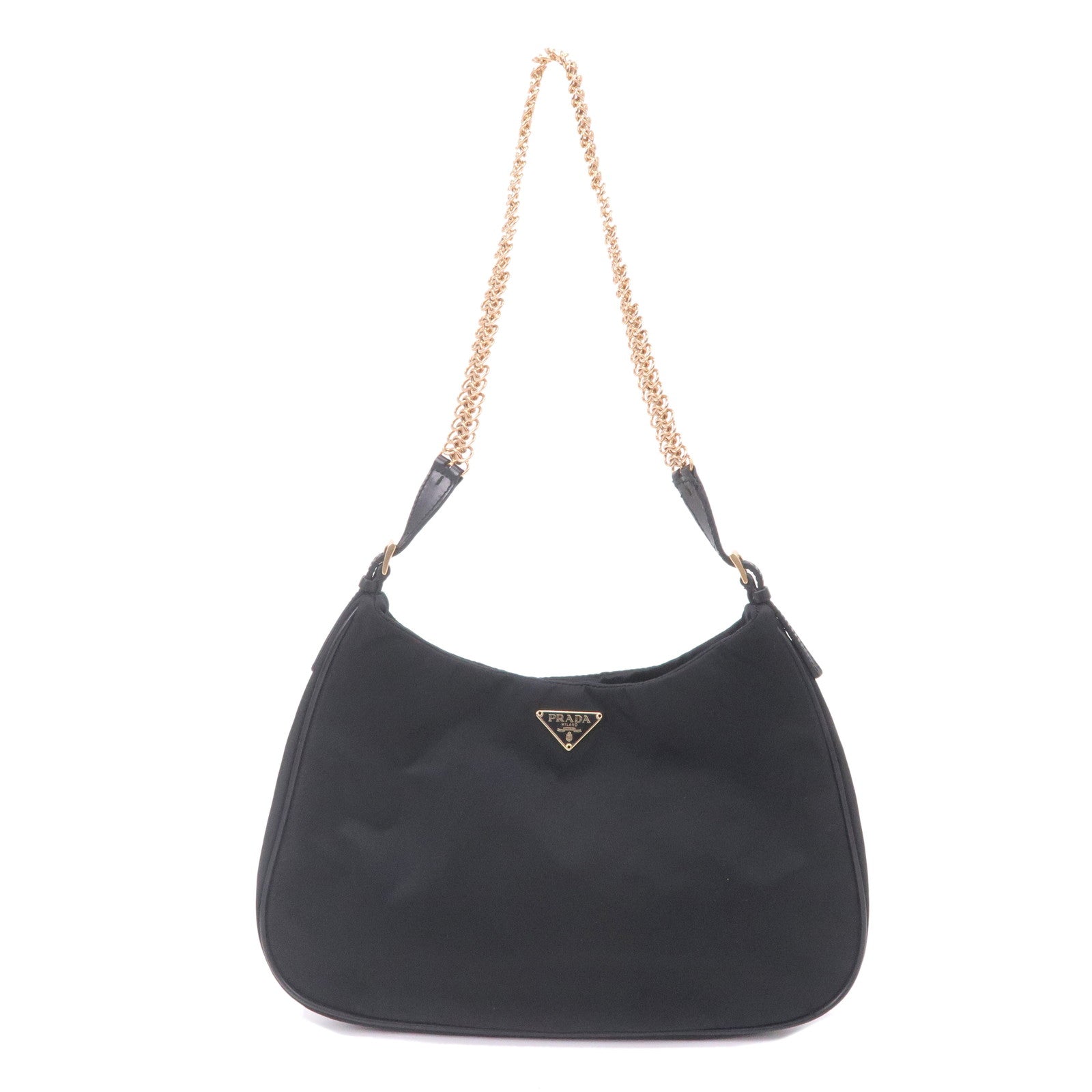Prada Logo Nylon Leather Chain Shoulder Bag Purse Black