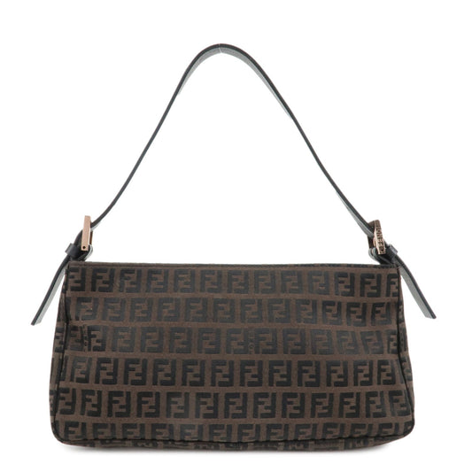 FENDI Zucchino Canvas Leather Shoulder Bag Dark Brown Black 8BR042
