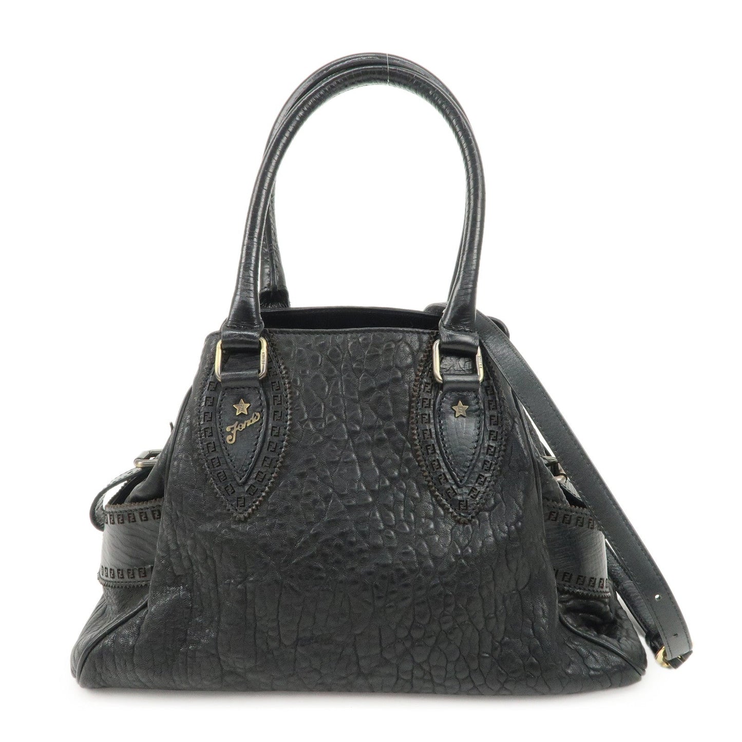FENDI Ethnico Zucca Canvas Leather Shoulder Bag Black 8BN157