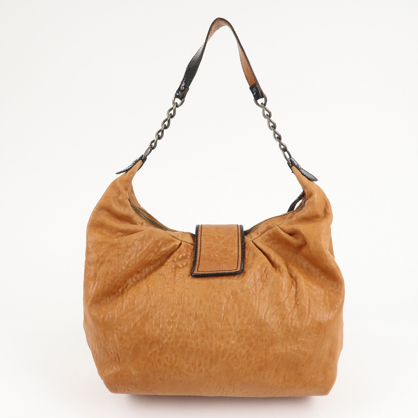 FENDI Leather Patent Leather Chain Shoulder Bag Brown 8BR563