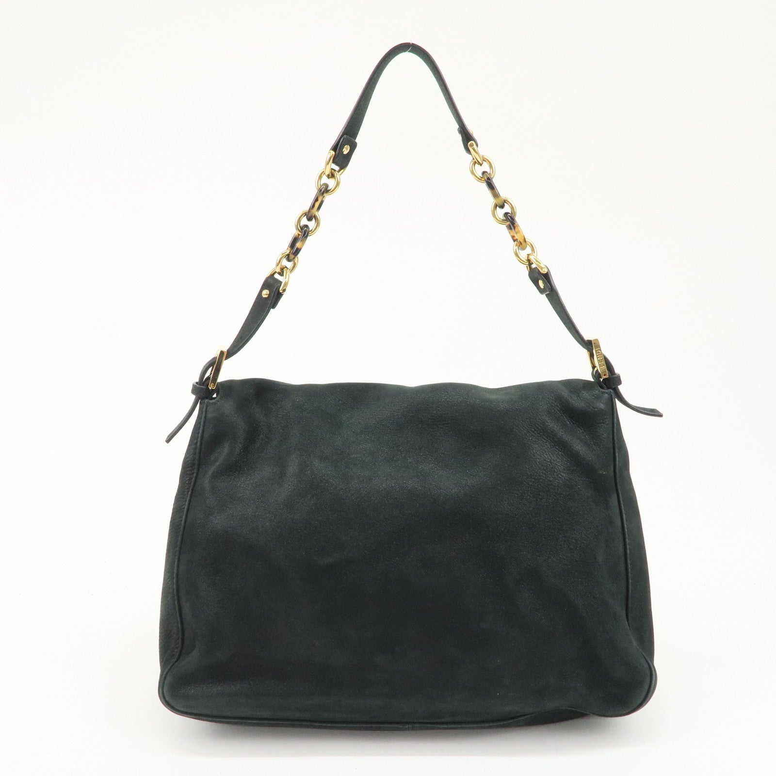 FENDI Mamma Baguette Leather Chain Shoulder Bag Gold Black 8BR638