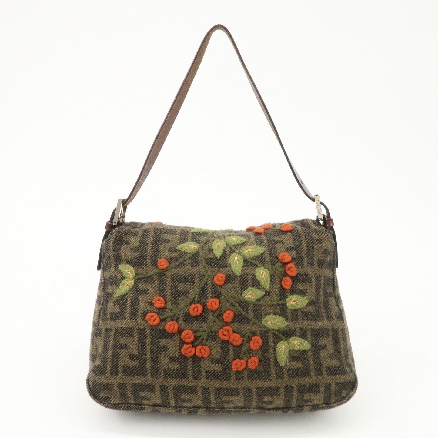 FENDI Mamma Baguette Wool Leather Shoulder Bag Tree Motif Khaki