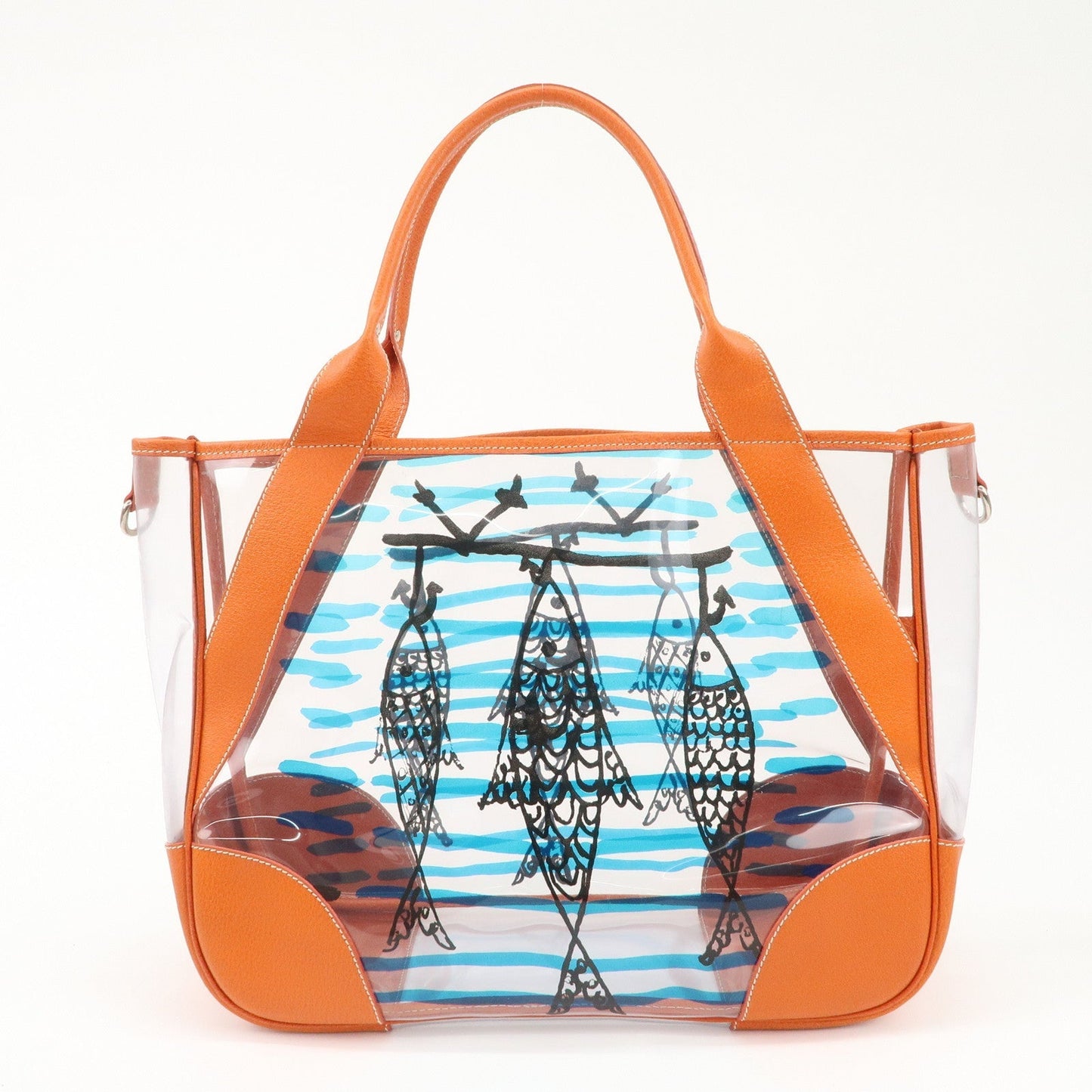 PRADA PVC Leather Fish Print Clear Tote Bag Orange BR3020