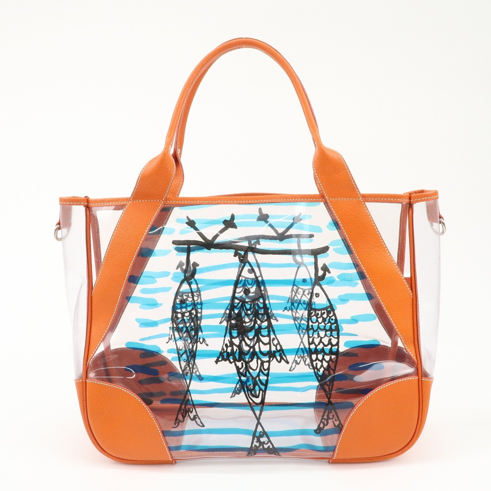 PRADA PVC Leather Fish Print Clear Tote Bag Orange BR3020