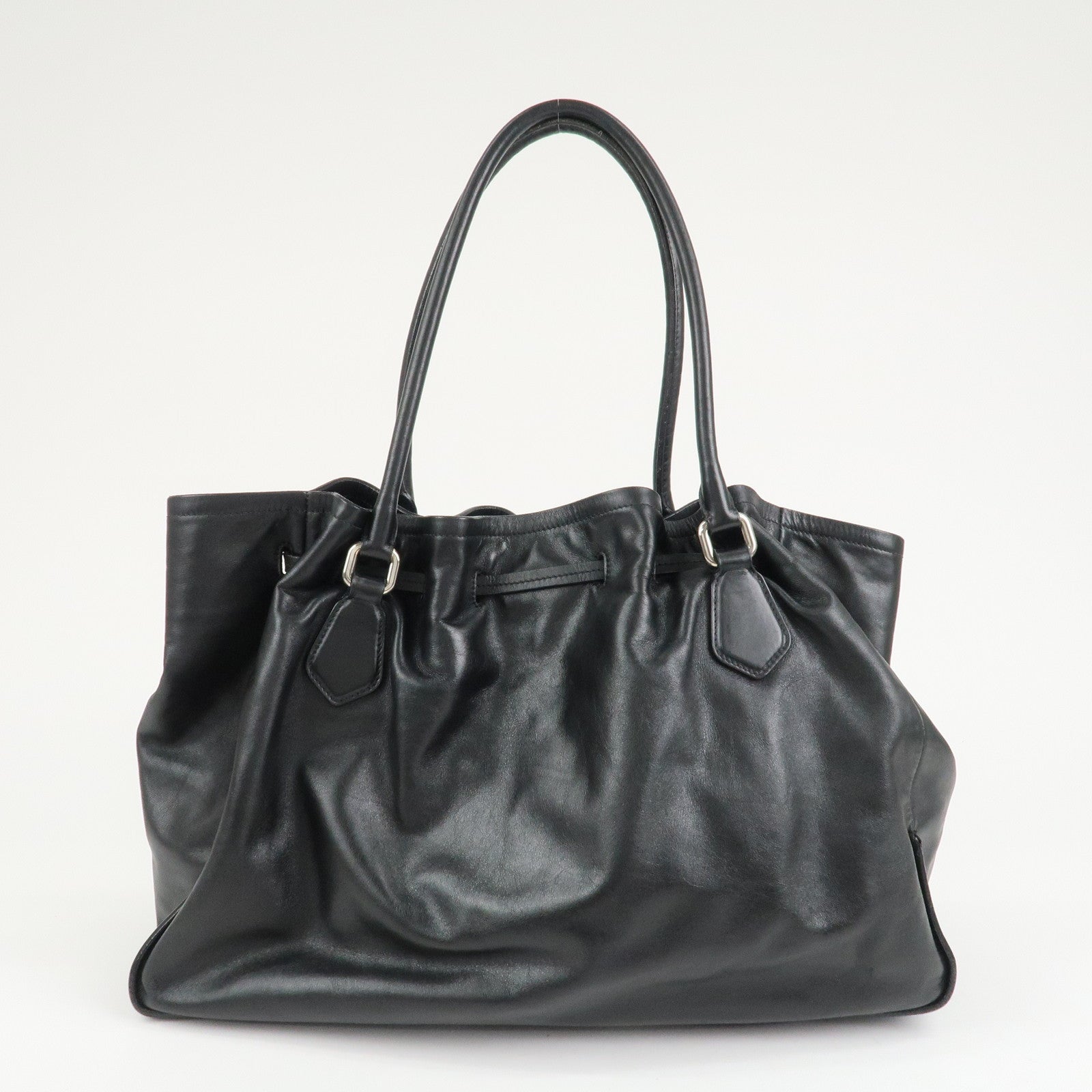 PRADA Triangle Logo Leather Tote Bag Black