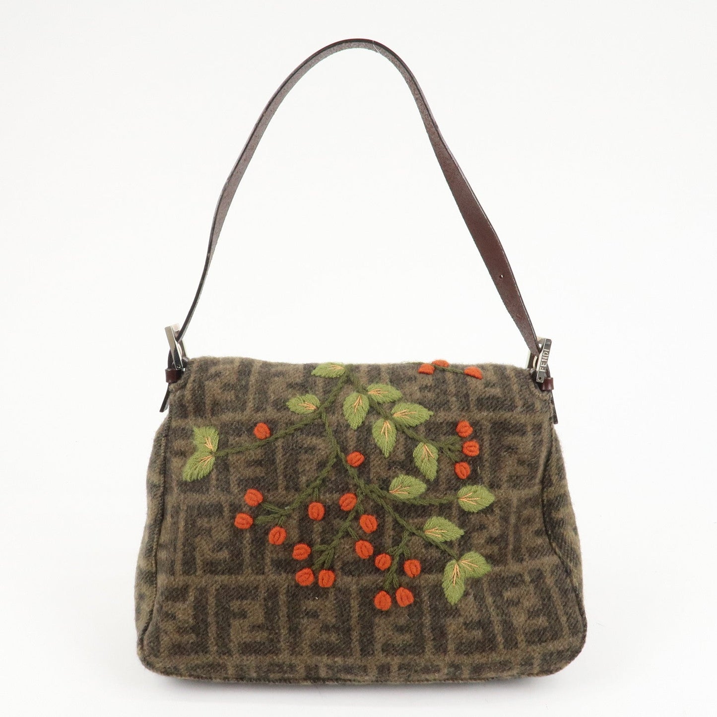 FENDI Mamma Baguette Zucca Wool Leather Shoulder Bag Flower