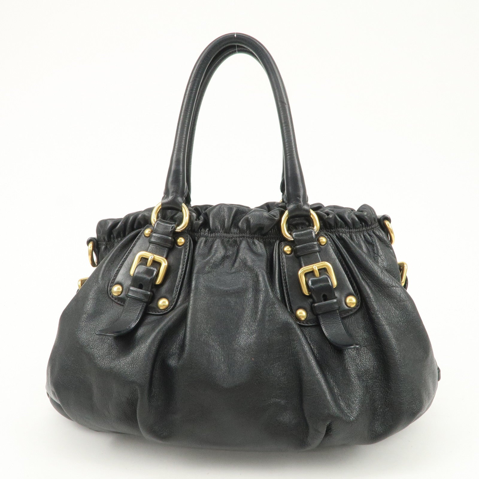 PRADA Logo Leather Gathered Hand Bag Black Gold HDW BR4259