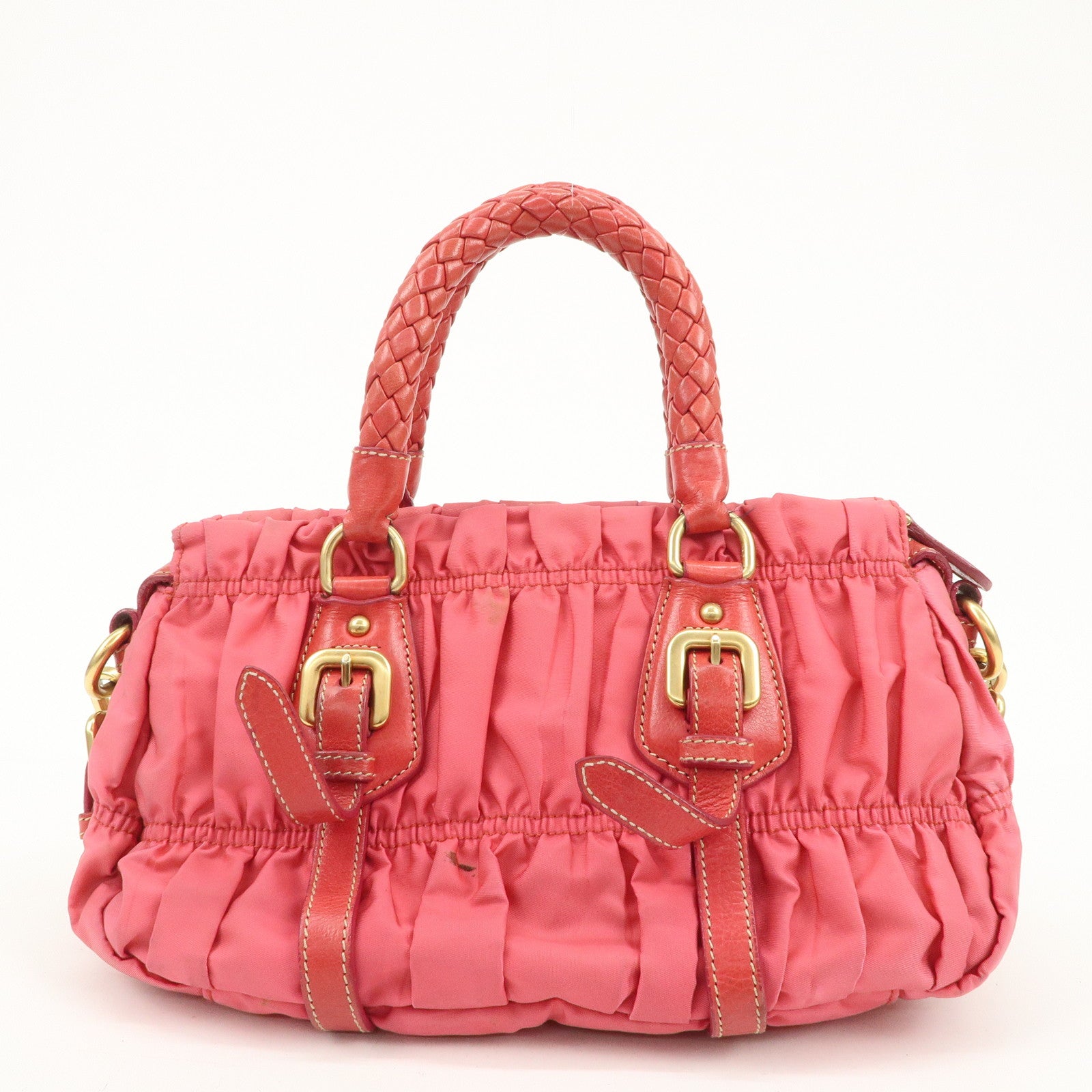 PRADA Nylon Leather 2Way Bag Shoulder Bag Hand Bag Gathered BN1388