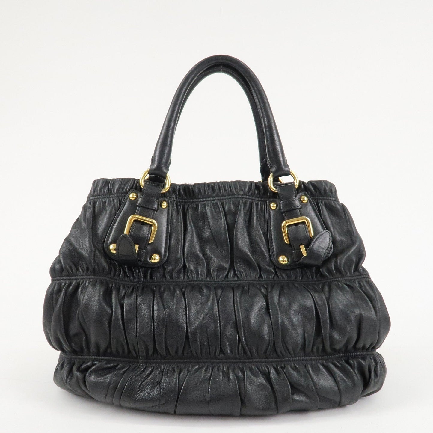 PRADA Leather 2Way Bag Hand Bag Shoulder Bag Black Gold HDW