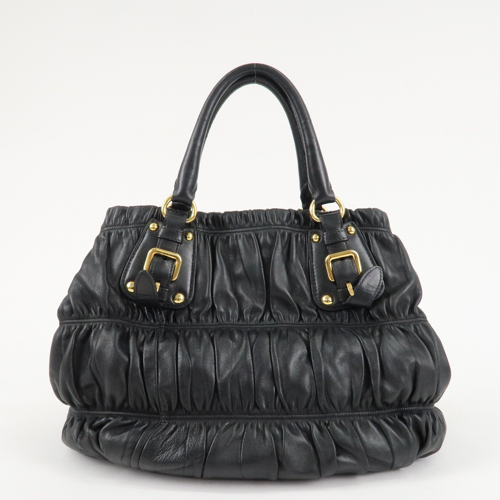 PRADA Leather 2Way Bag Hand Bag Shoulder Bag Black Gold HDW