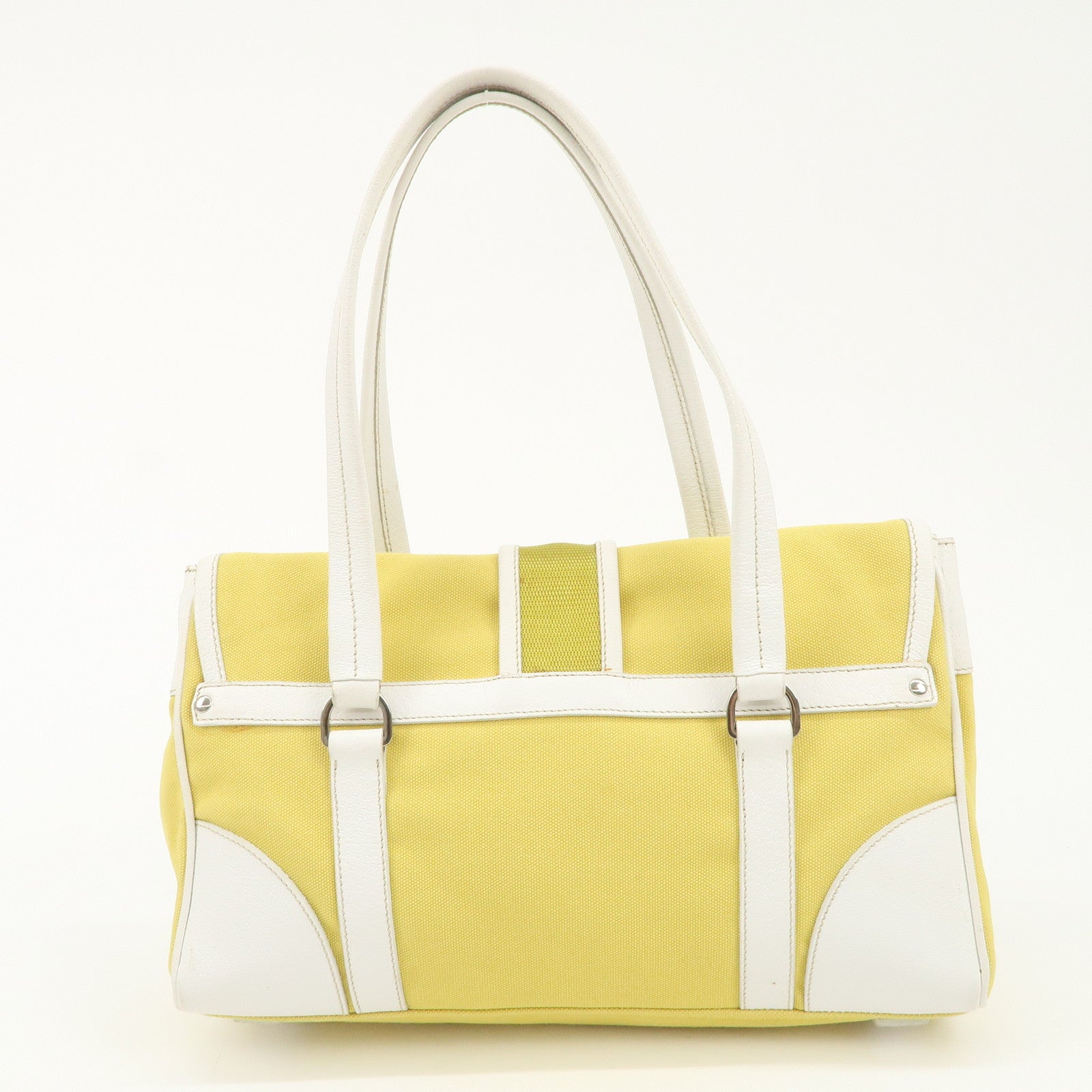 PRADA Triangle Logo Canvas Leather Shoulder Bag Yellow Silver HDW