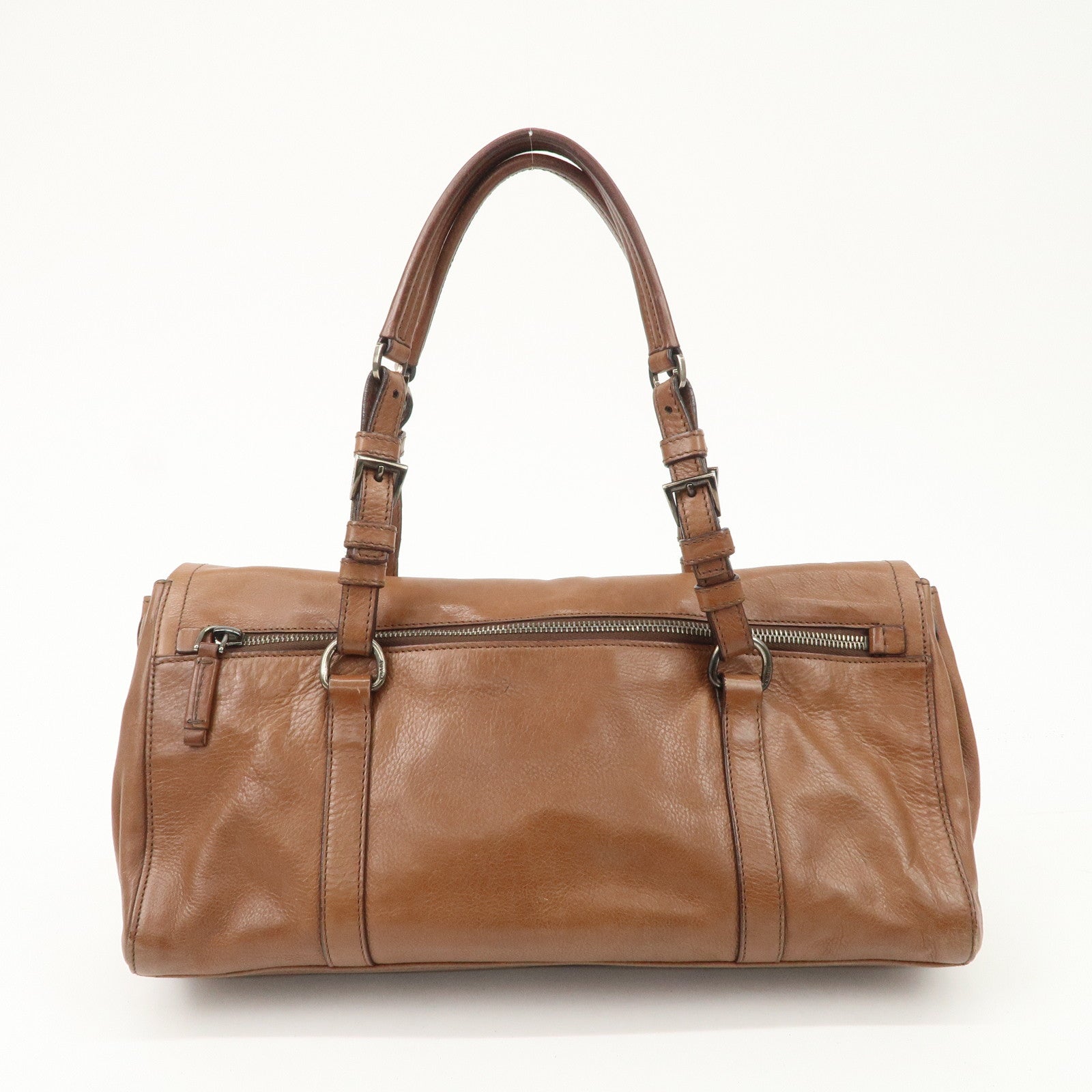 PRADA Logo Leather Shoulder Bag Hand Bag Brown Silver Hardware