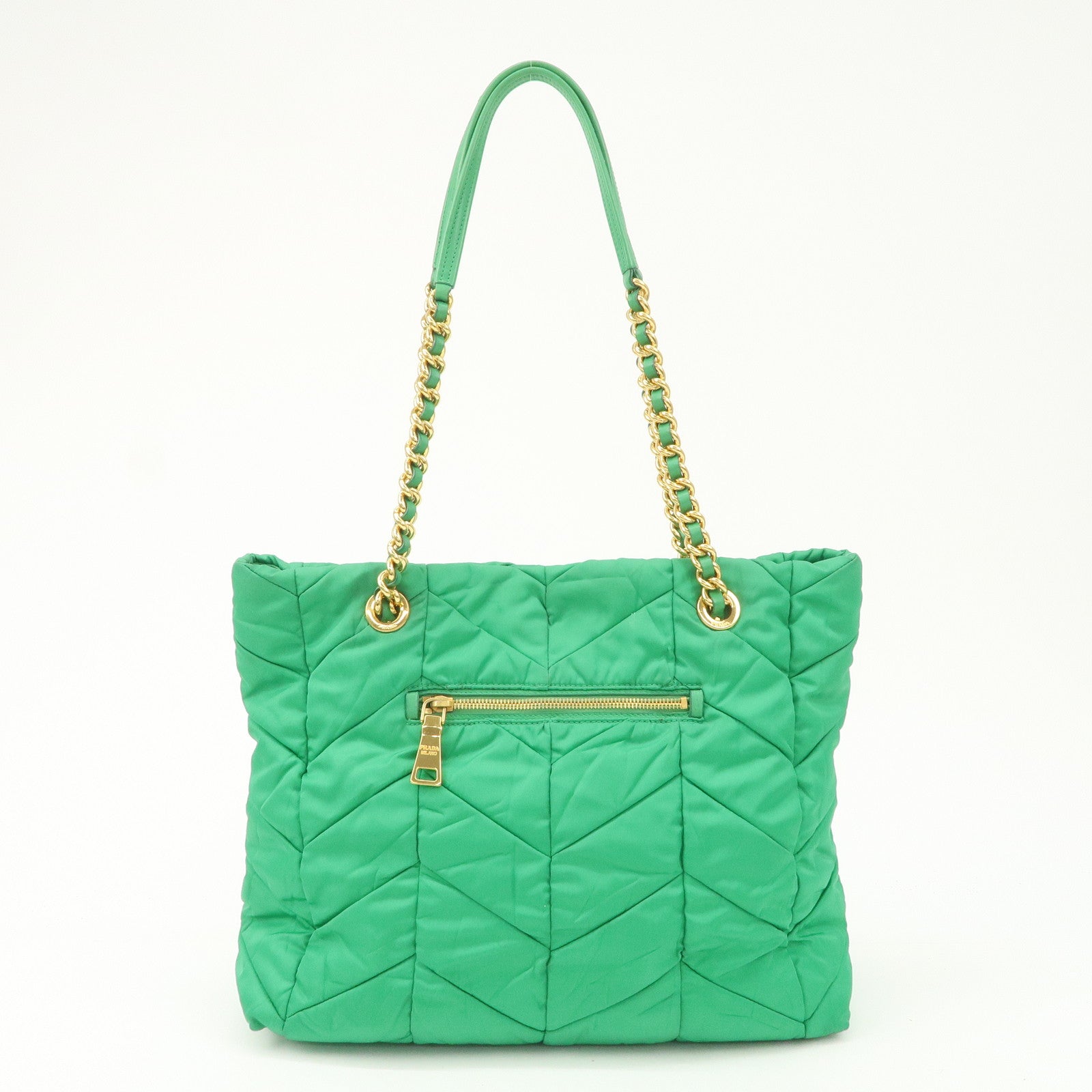 PRADA Triangle Logo Nylon Leather Chain Tote Bag Green BR4383