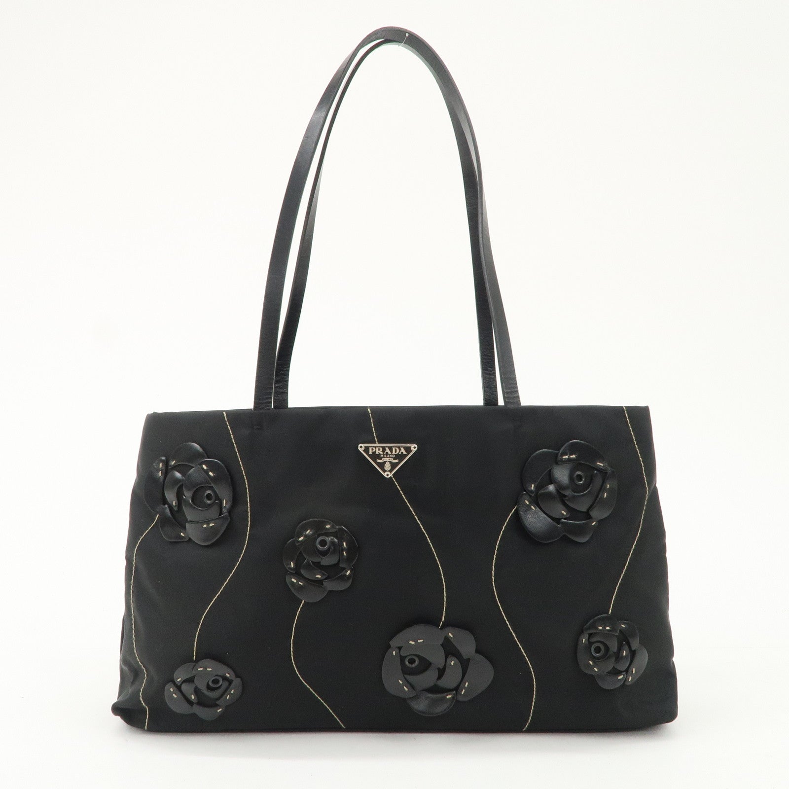PRADA Traiangle Logo Nylon Leather Flower Tote Bag Black B11033