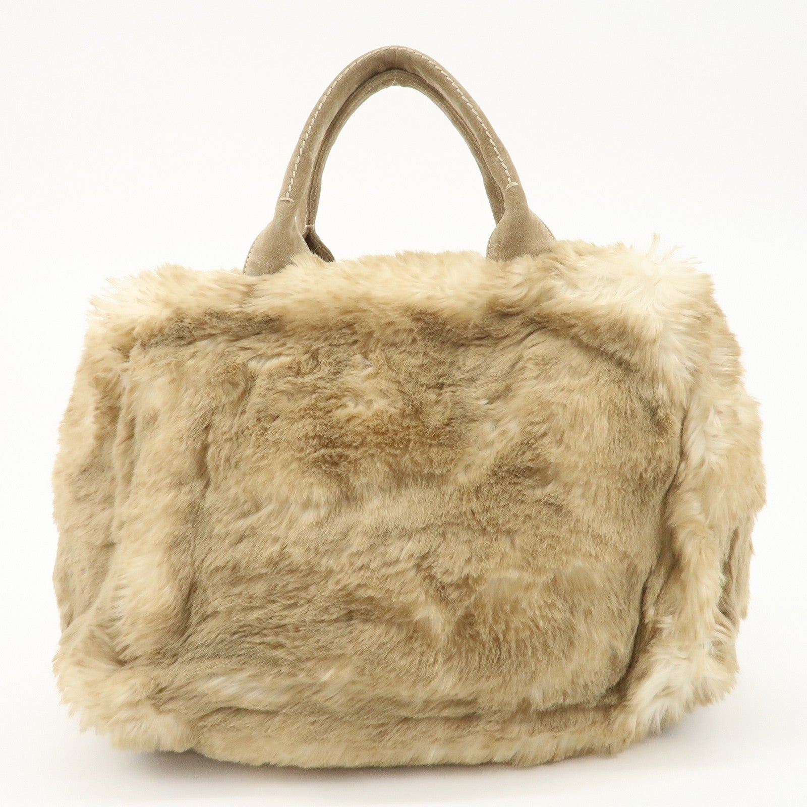 PRADA Eco Lapin Fur Suede Canapa Large Tote Bag Beige BN1918