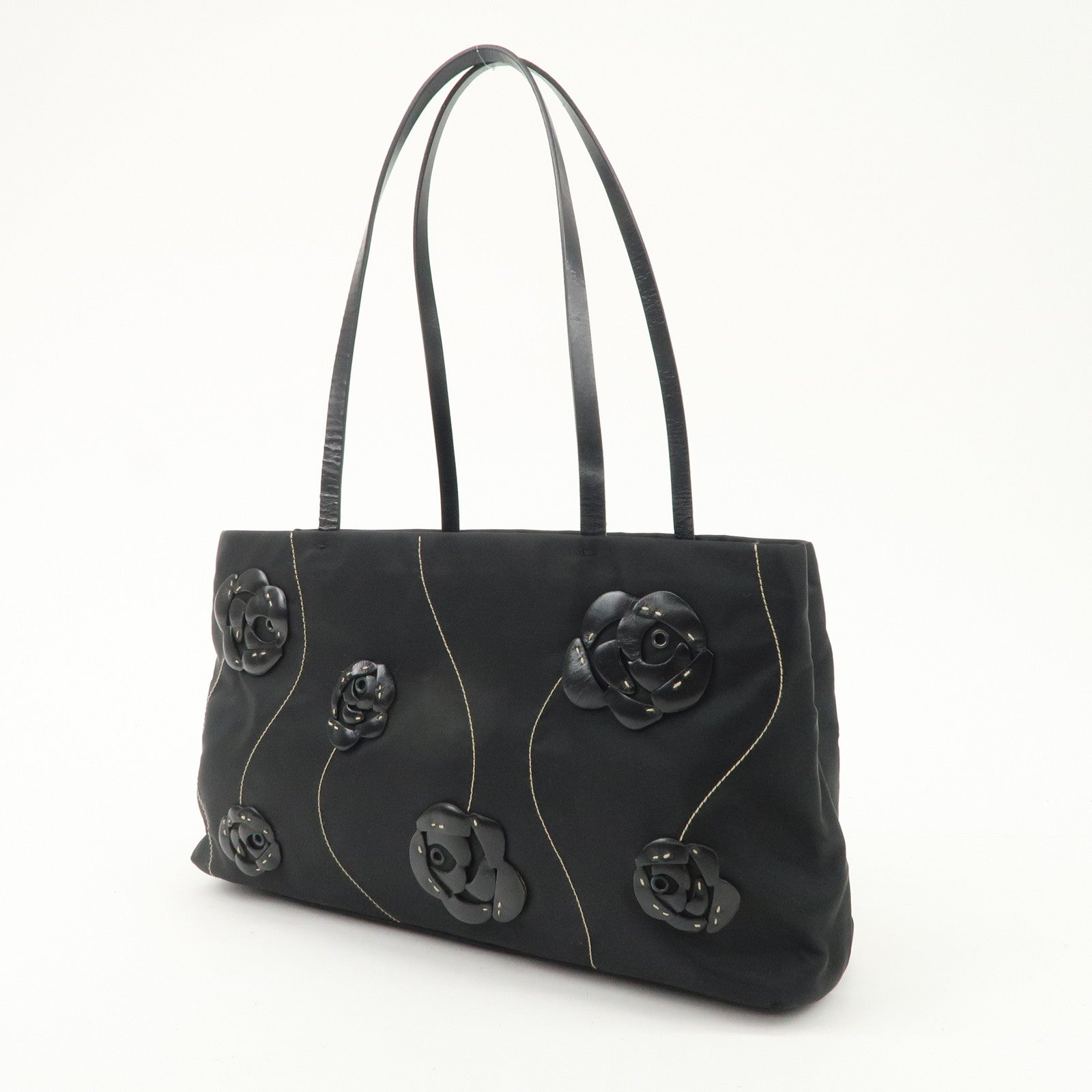 PRADA Traiangle Logo Nylon Leather Flower Tote Bag Black B11033