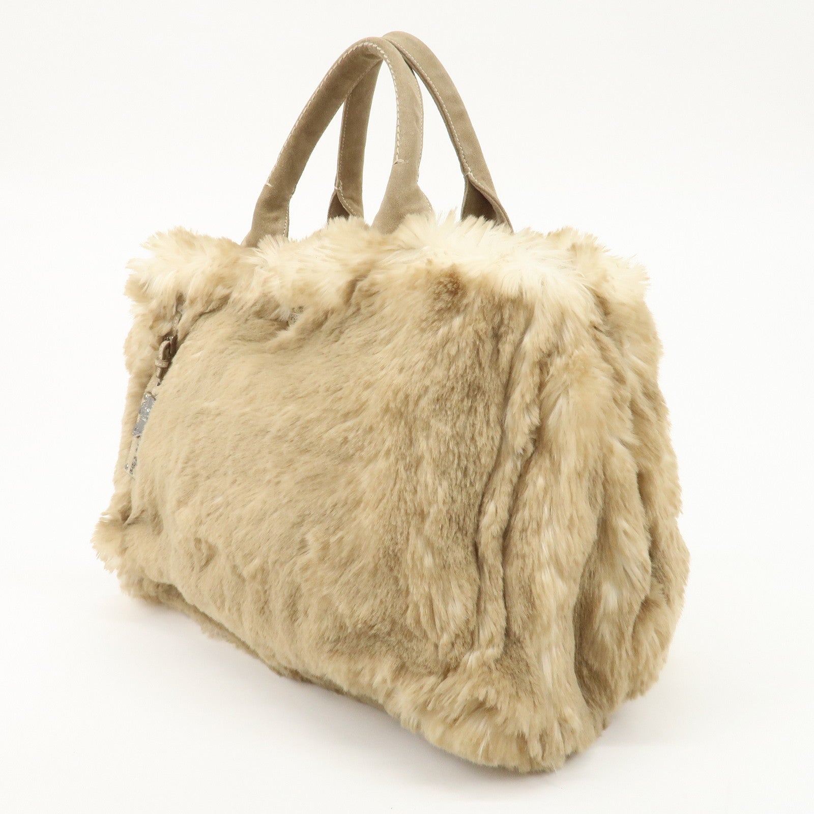 PRADA Eco Lapin Fur Suede Canapa Large Tote Bag Beige BN1918