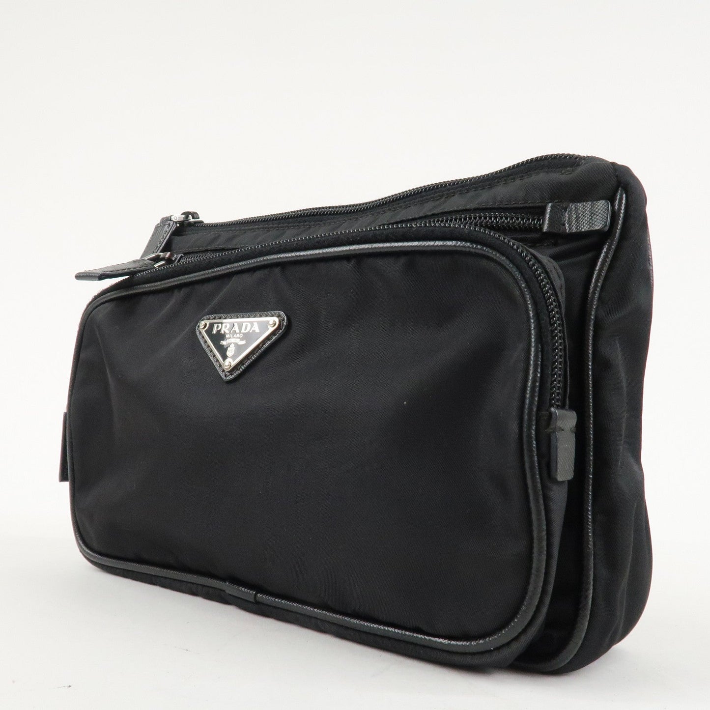 PRADA Logo Nylon Leather Clutch Bag Travel Pouch Black