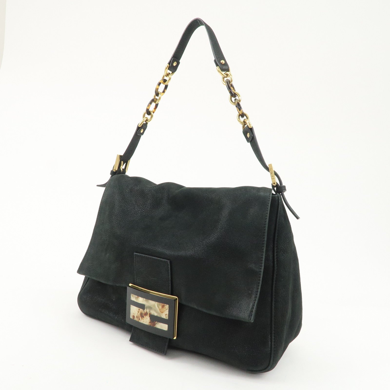 FENDI Mamma Baguette Leather Chain Shoulder Bag Gold Black 8BR638
