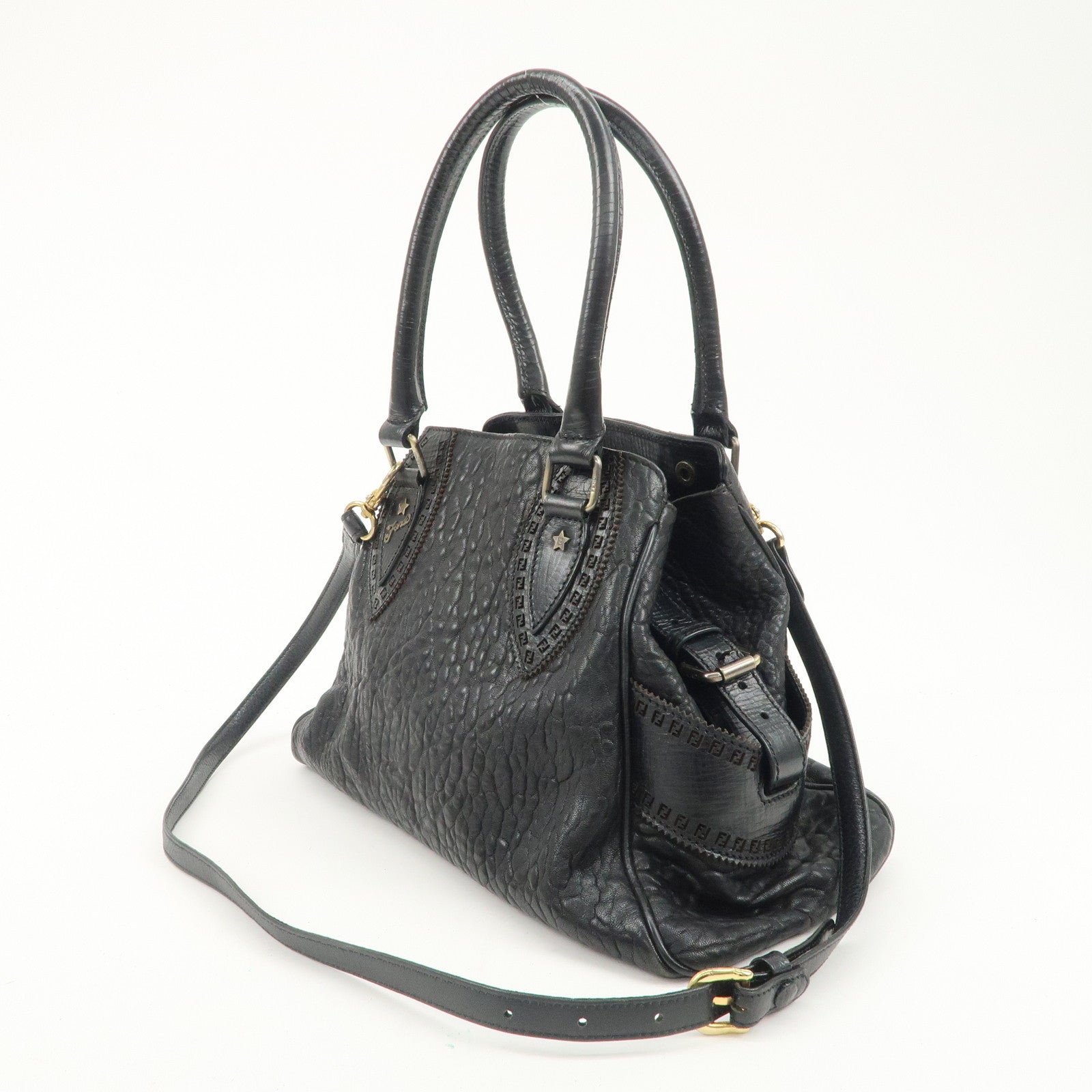 FENDI Ethnico Zucca Canvas Leather Shoulder Bag Black 8BN157