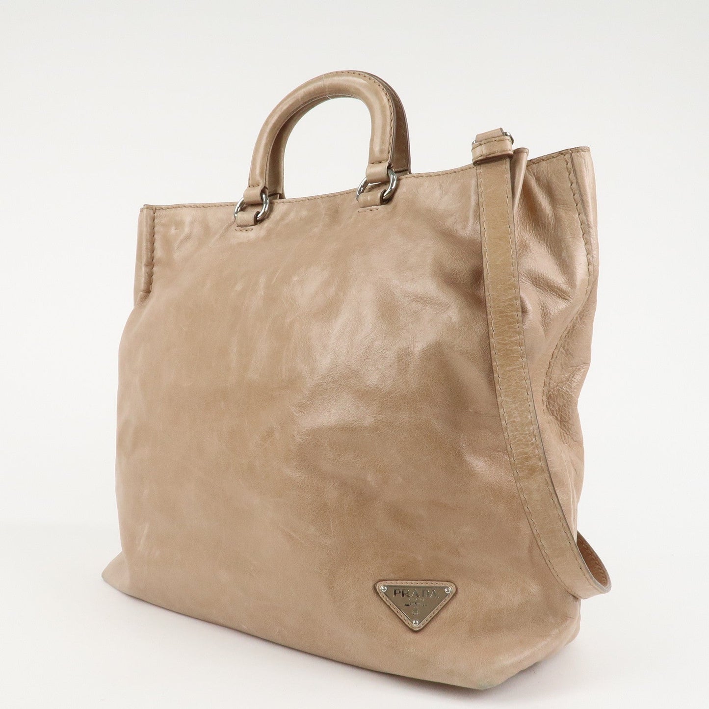 PRADA Logo Leather 2Way Bag Tote Bag Shoulder Bag Beige BR4617