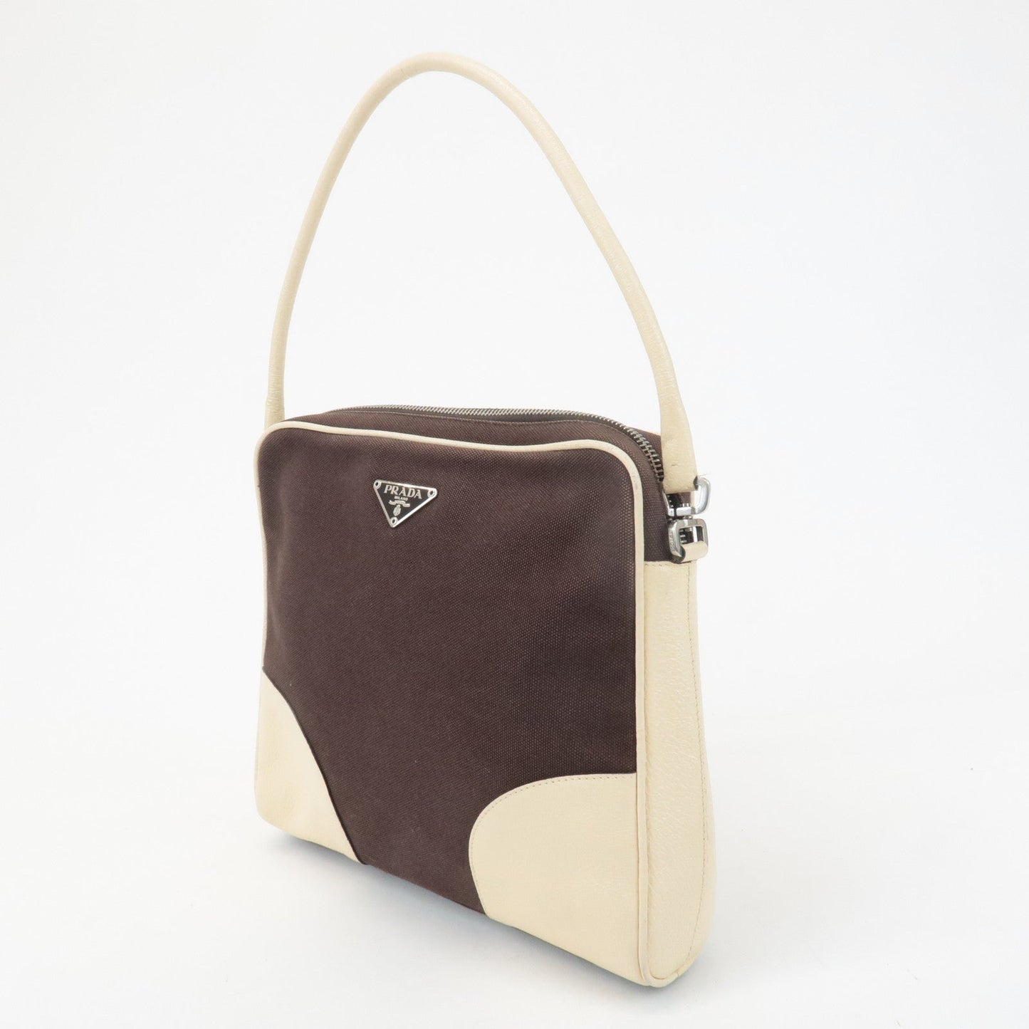 PRADA Triangle Logo Canvas Leather Shoulder Bag Brown Ivory