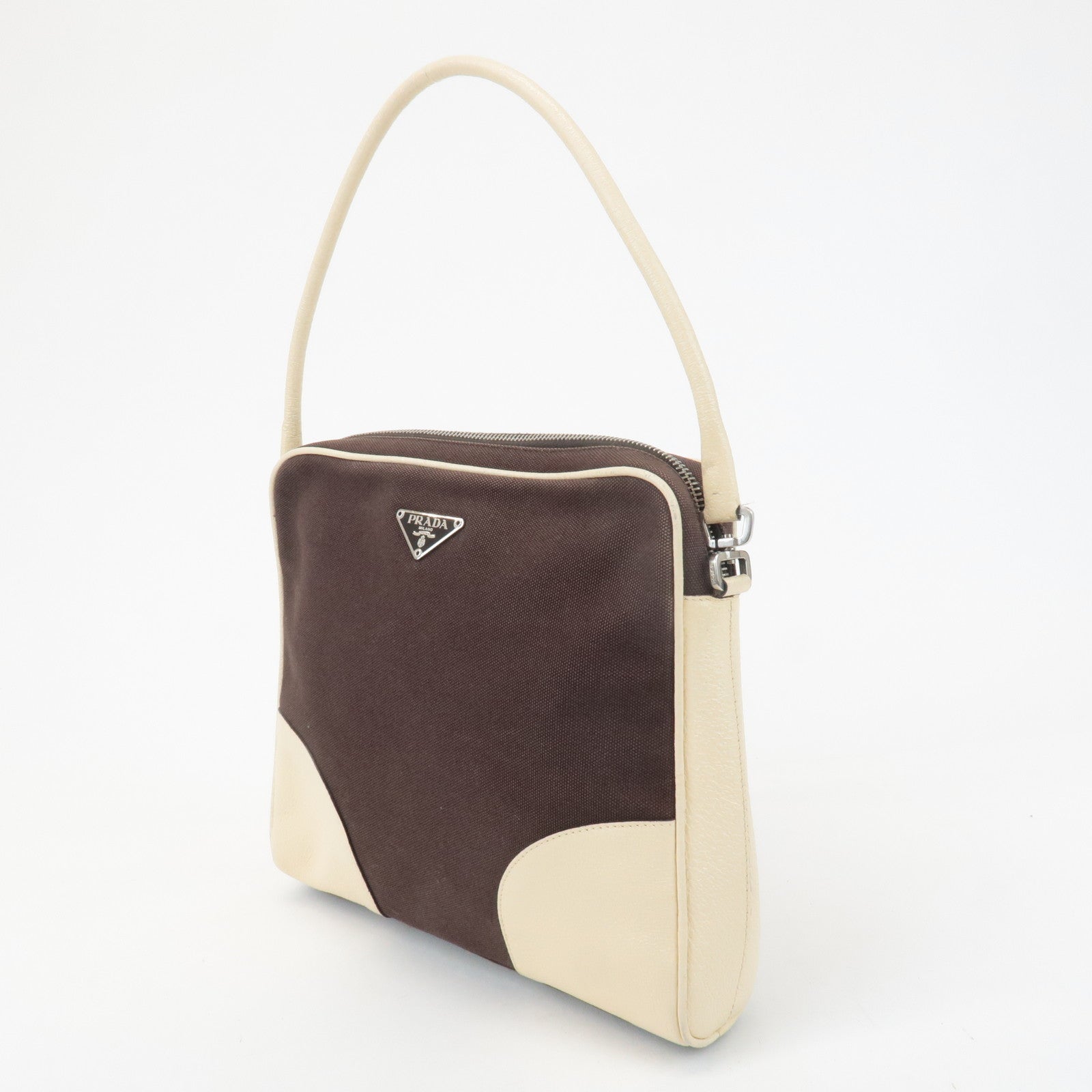 PRADA Triangle Logo Canvas Leather Shoulder Bag Brown Ivory