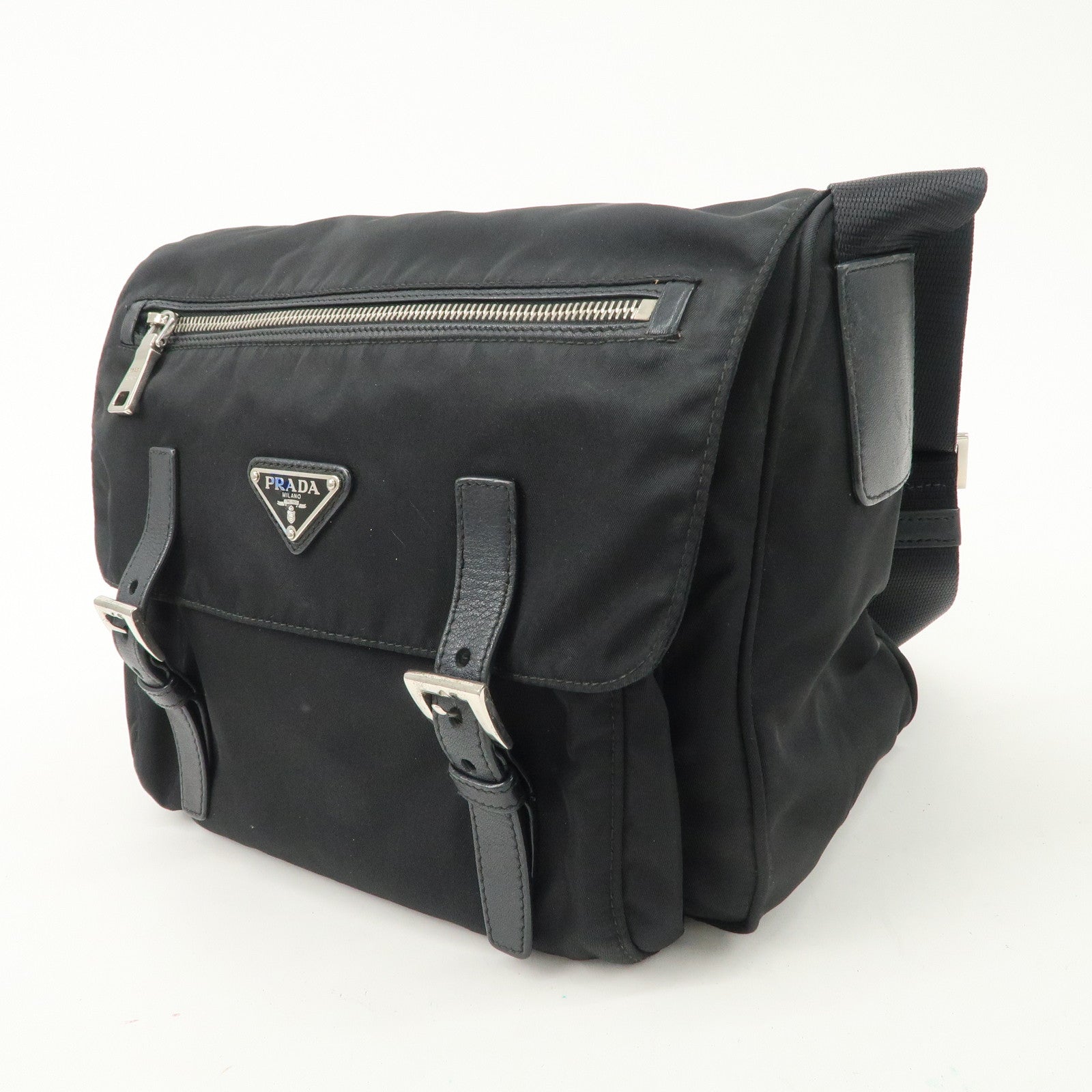 PRADA Nylon Leather Triangle Logo Shoulder Bag Black BT0713